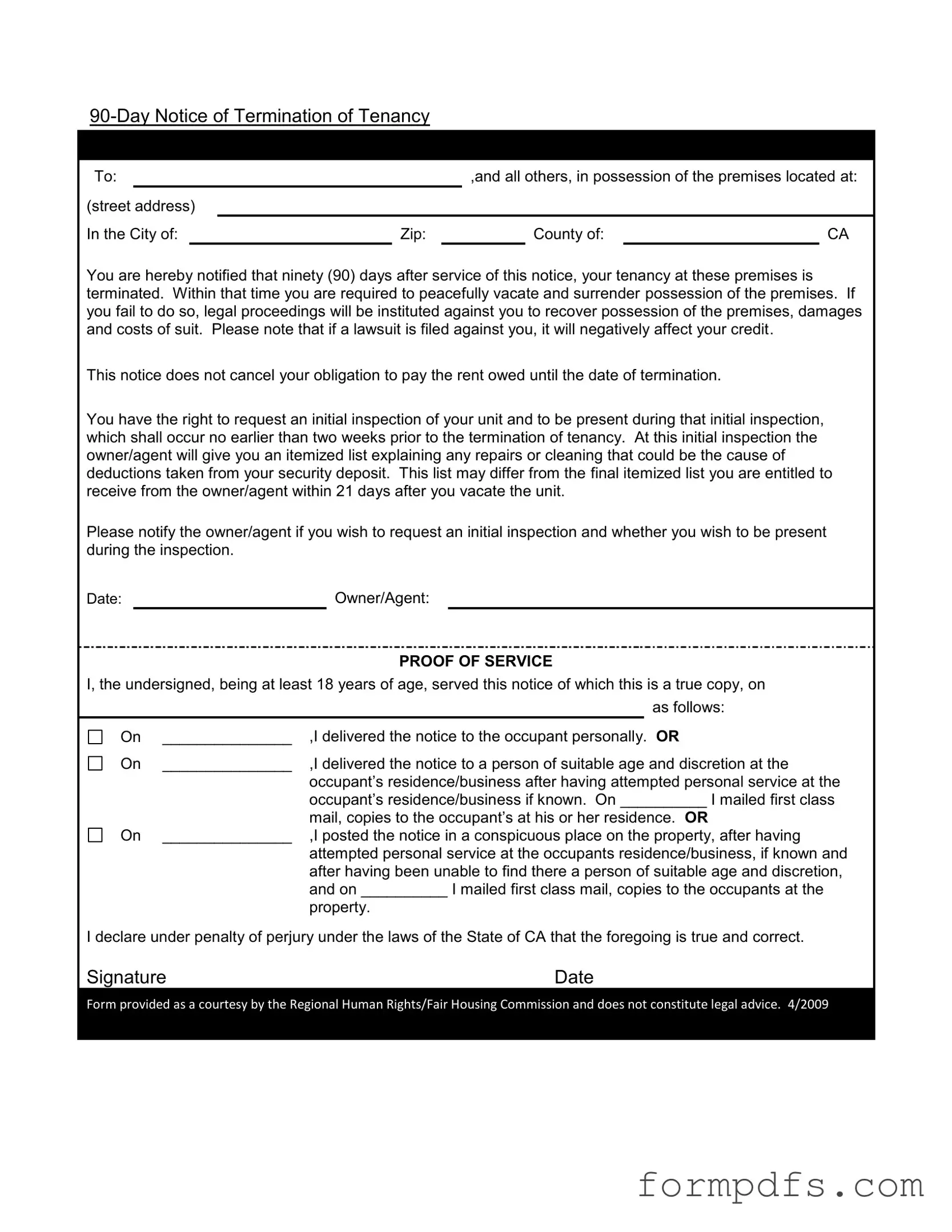 Blank 90 Day Notice To Move Out PDF Form