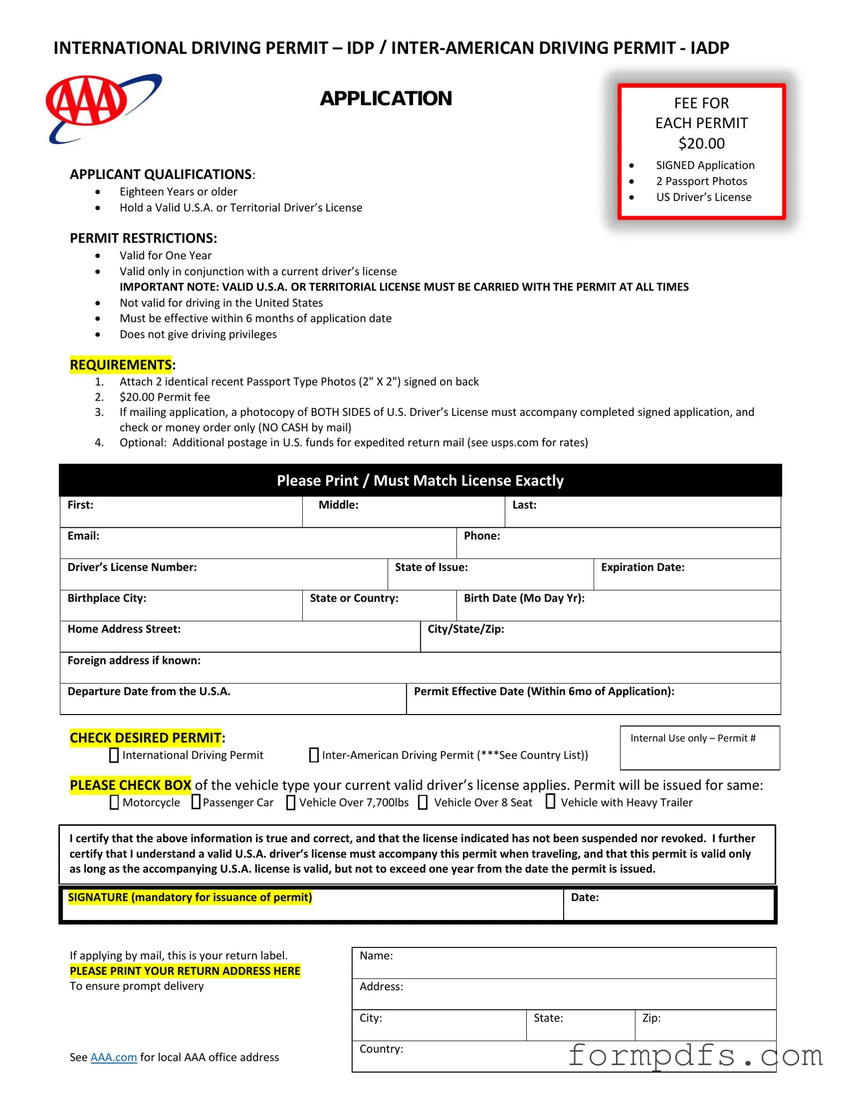 Blank Aaa International Driving Permit Application PDF Form