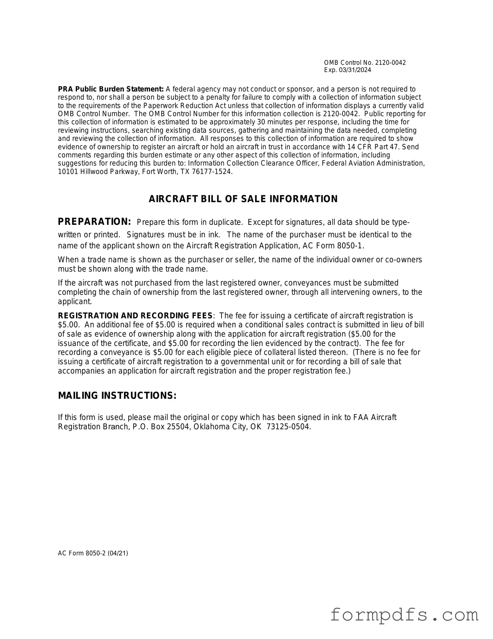 Blank Aircraft Bill of Sale AC 8050-2 PDF Form