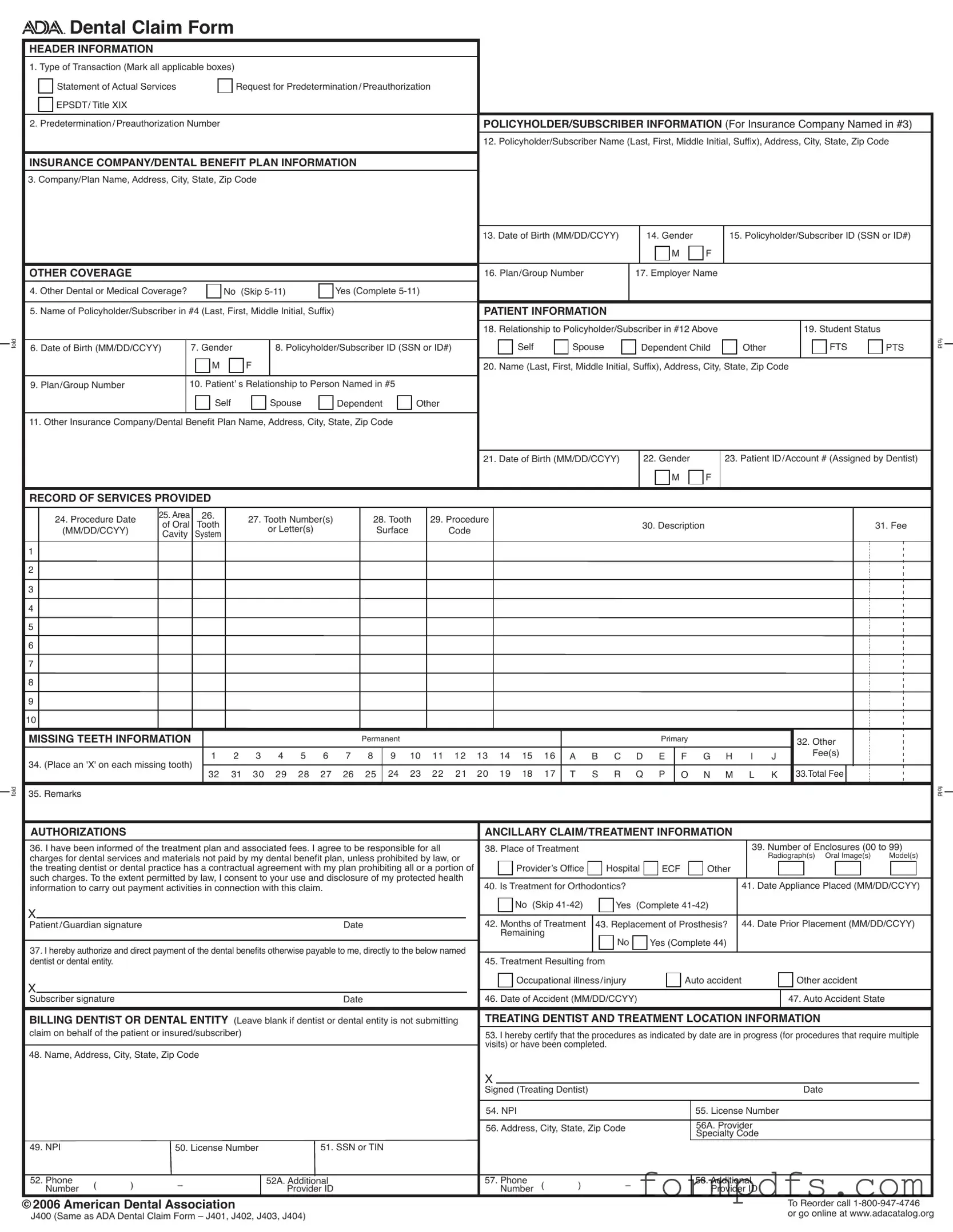 Blank Ada Dental Claim PDF Form