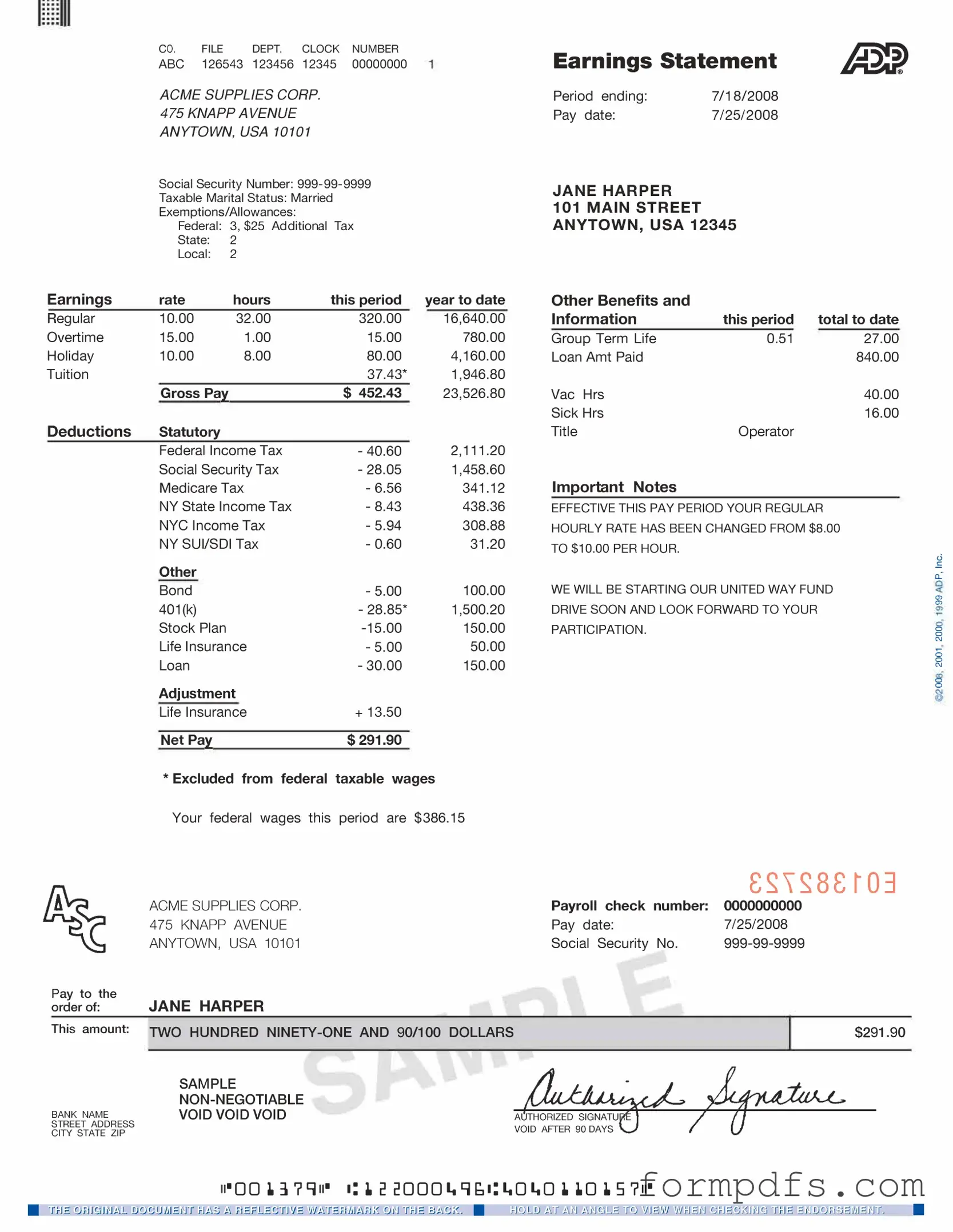 Blank Adp Pay Stub PDF Form