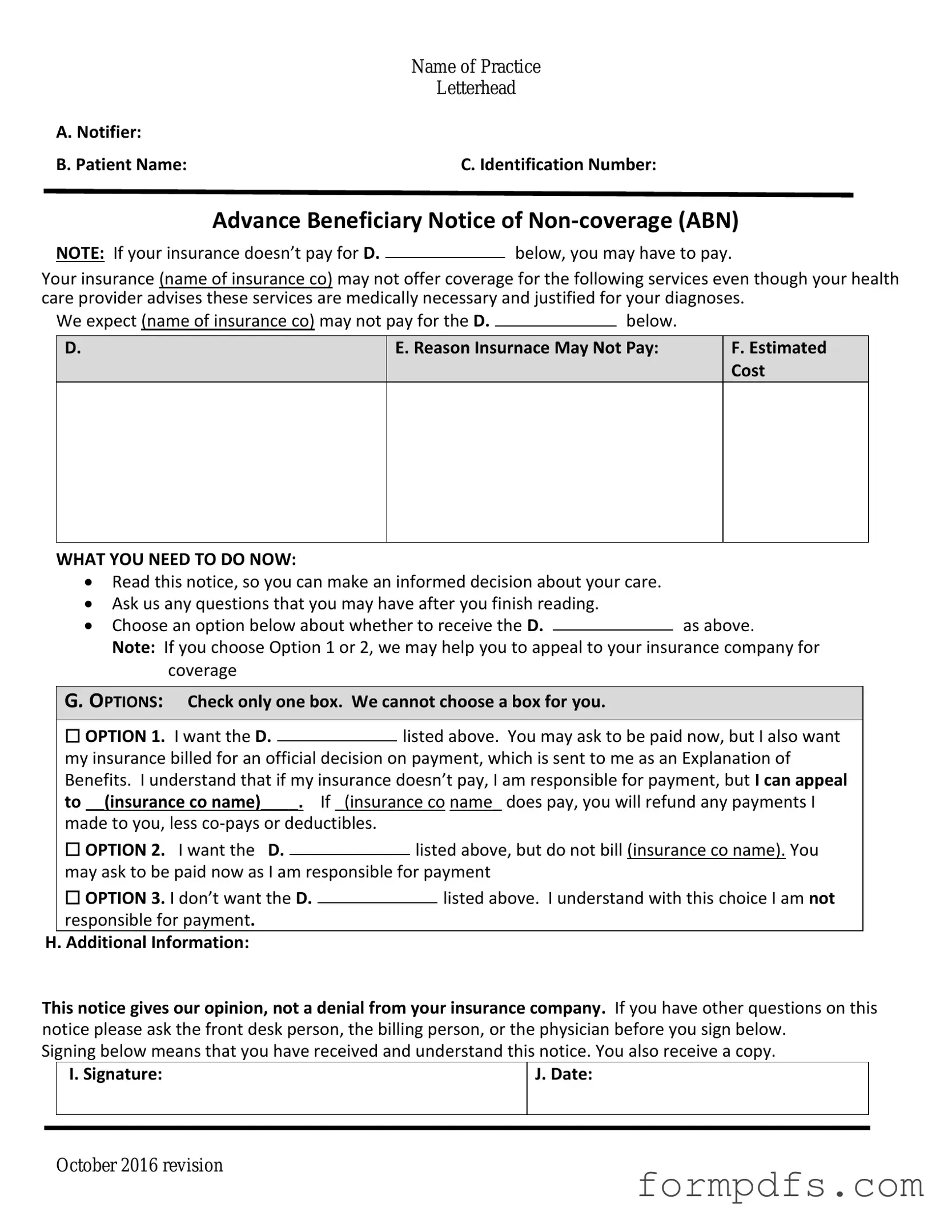 Blank Advance Beneficiary Notice of Non-coverage PDF Form
