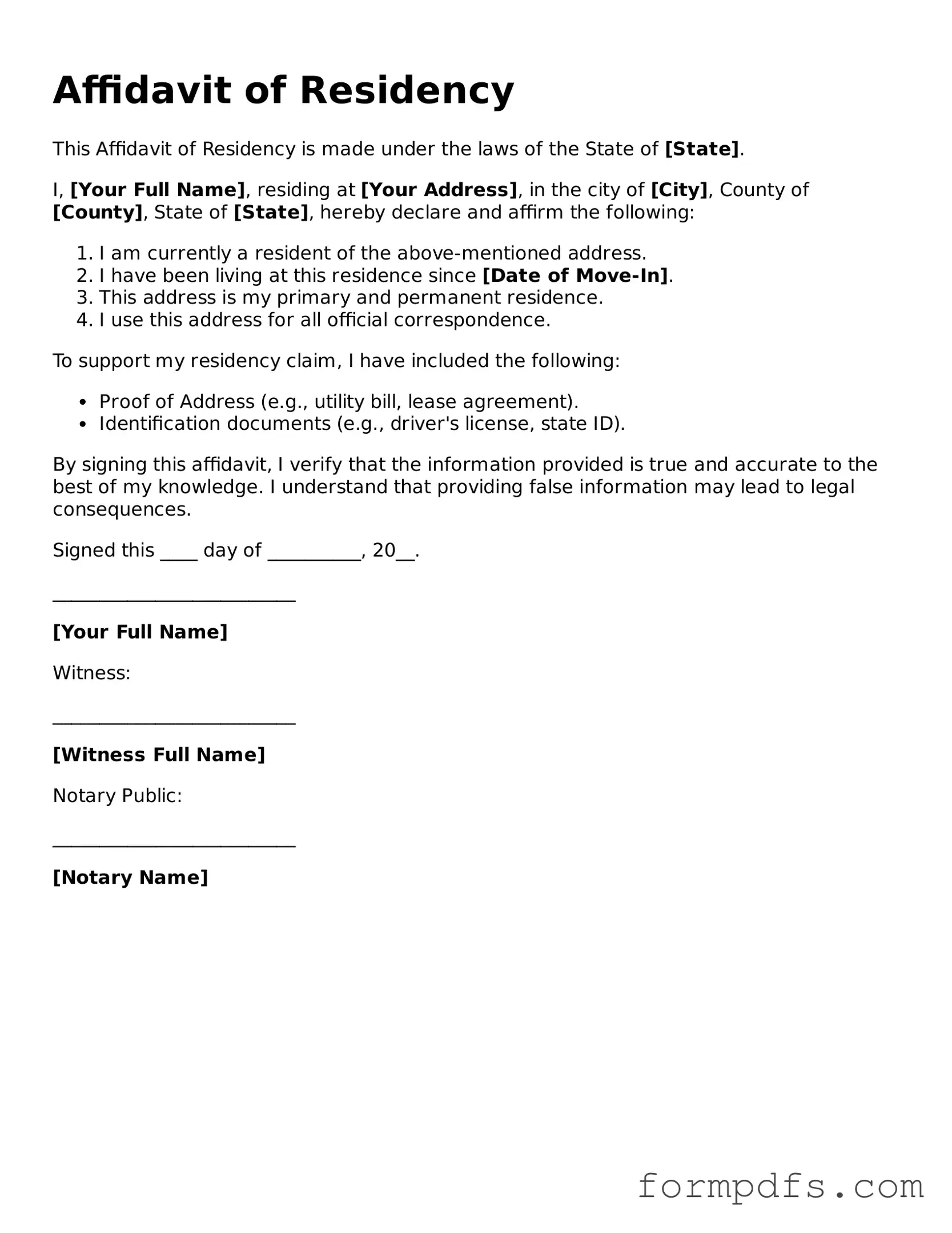 Valid Affidavit of Residency Template