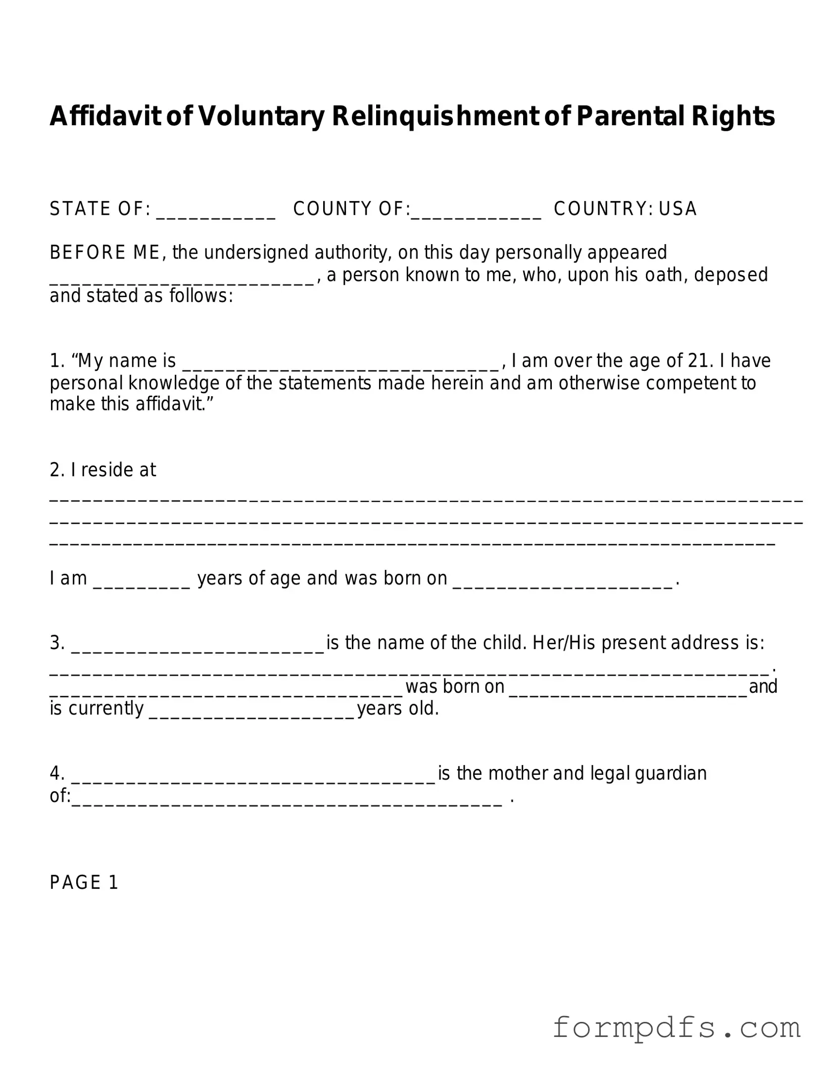 Blank Affidavit Parental Rights PDF Form