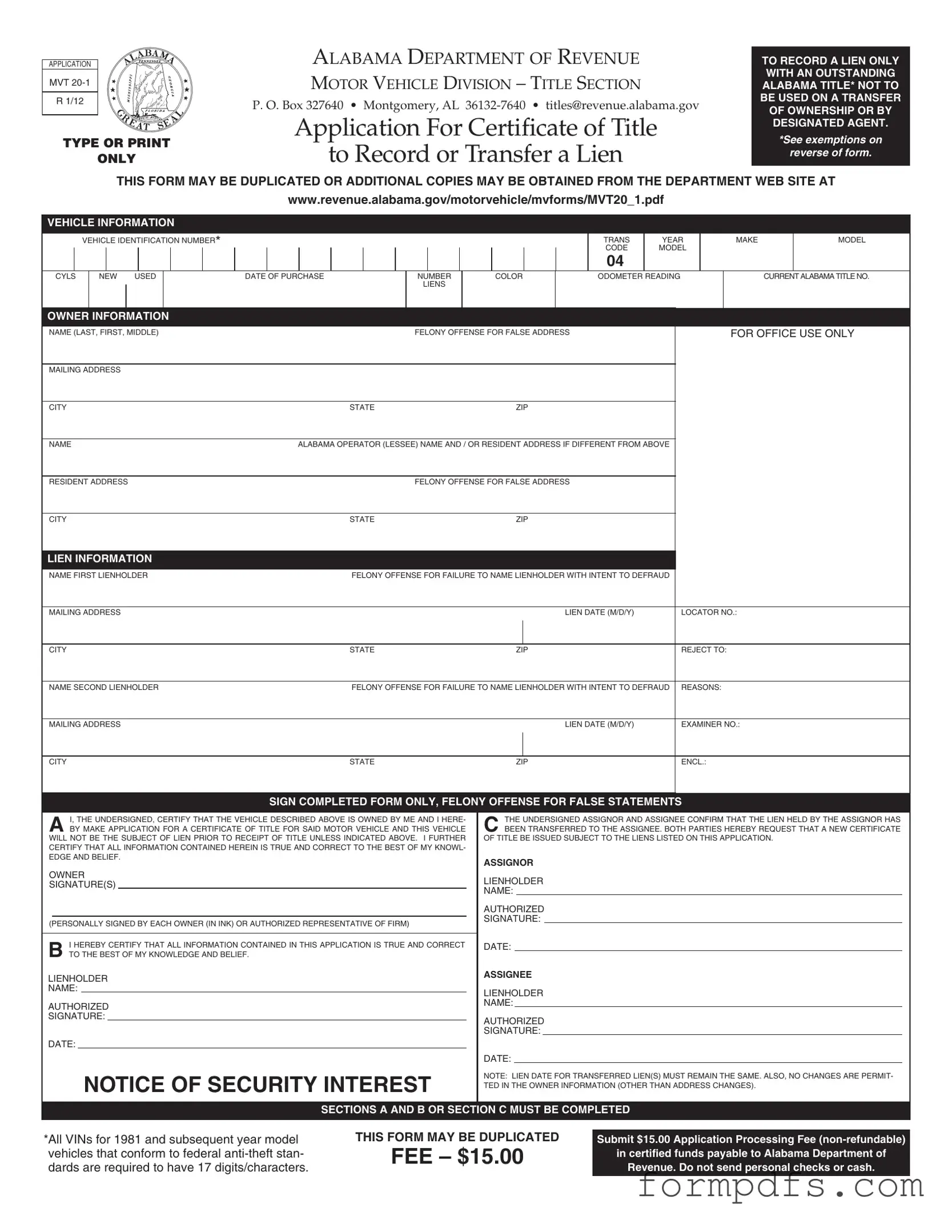 Blank Alabama Mvt 20 1 PDF Form