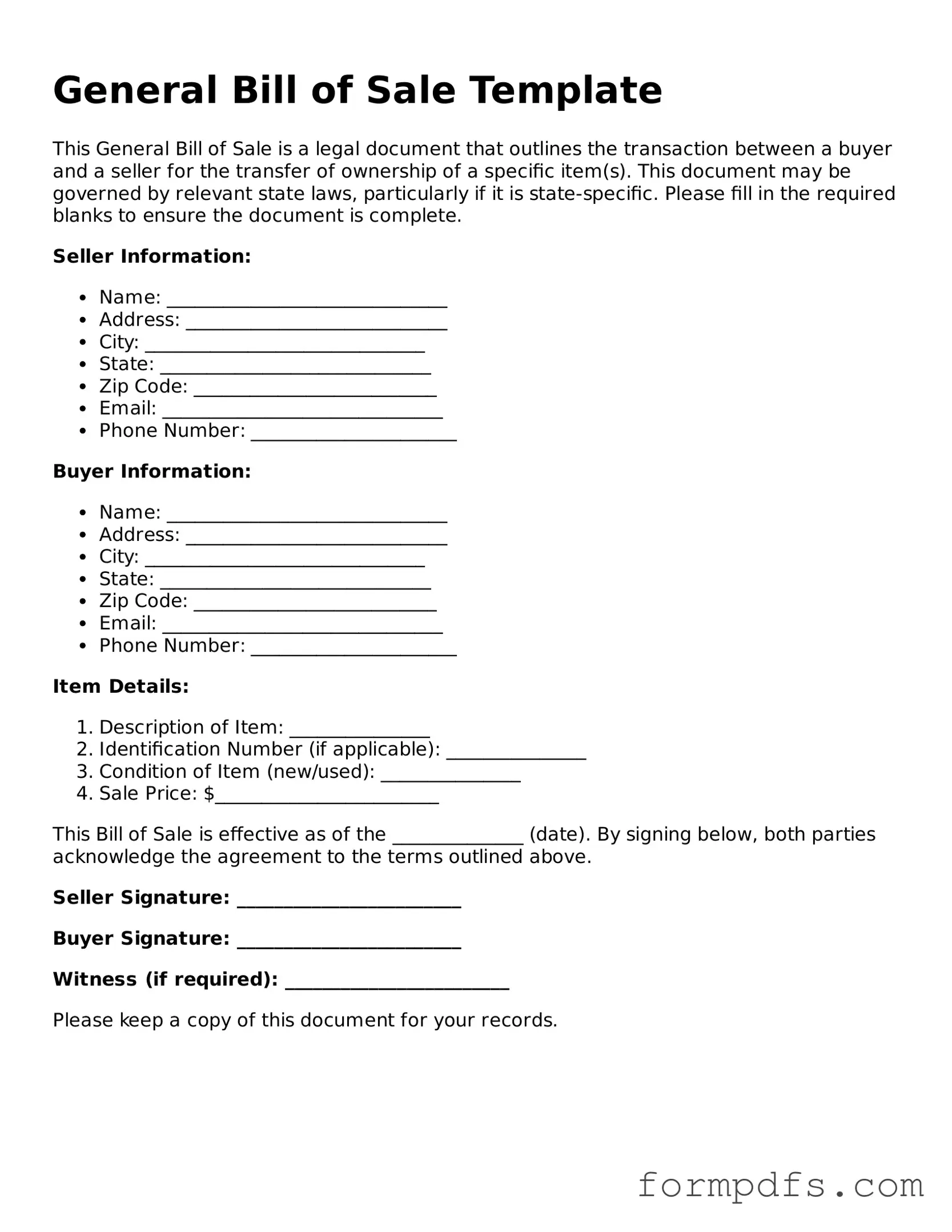 Valid General Bill of Sale Template