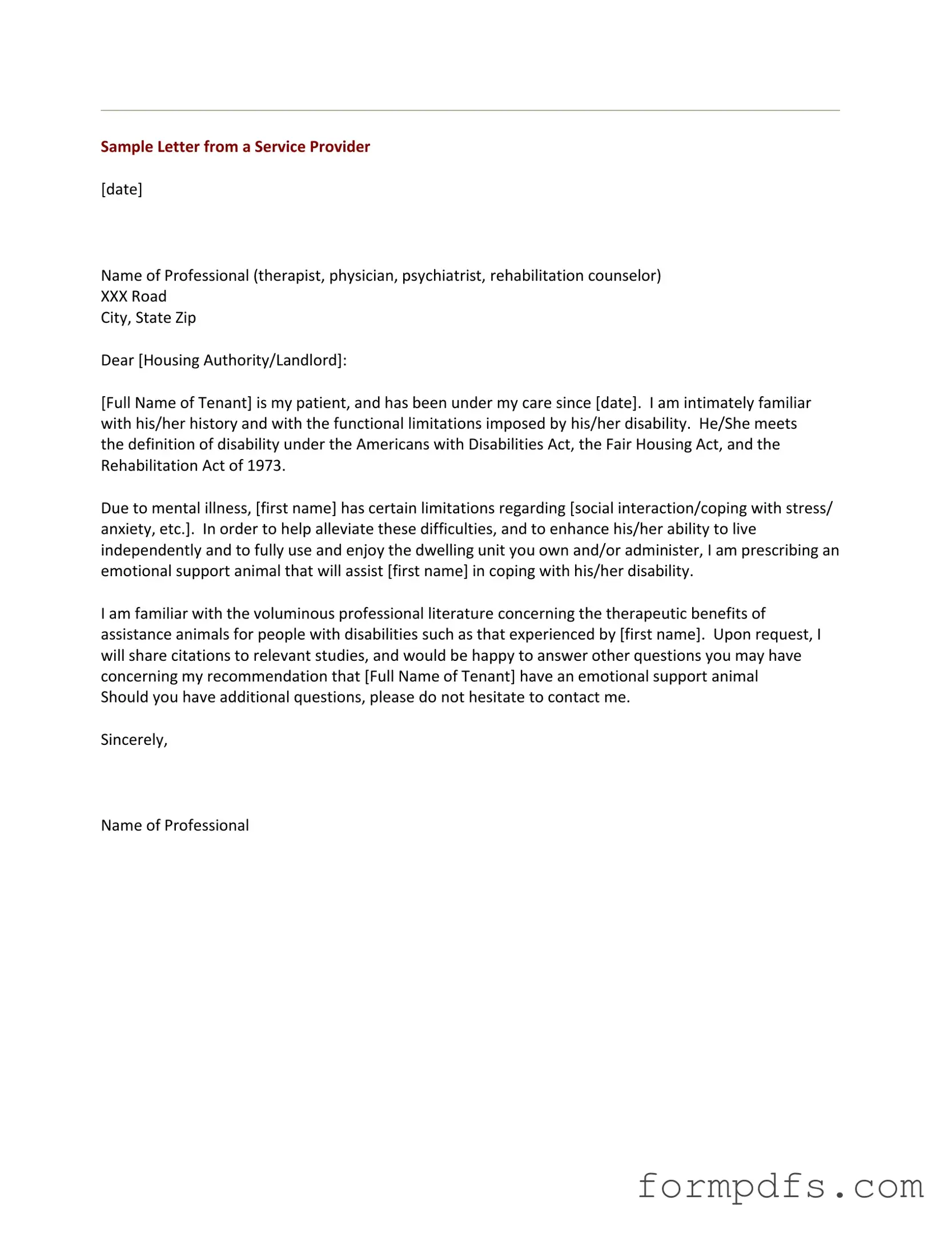Blank Emotional Support Animal Letter PDF Form