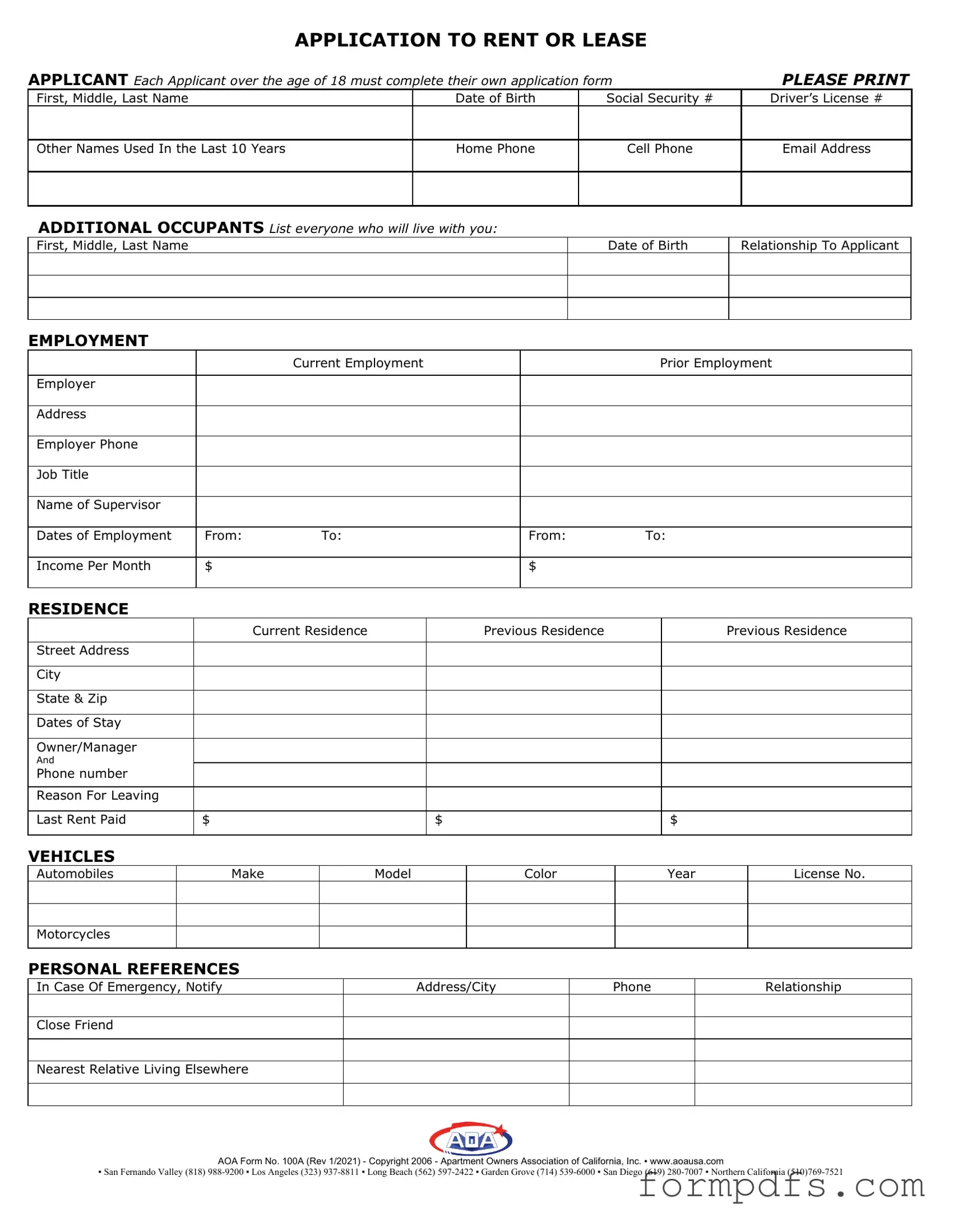 Blank Aoa 100A PDF Form