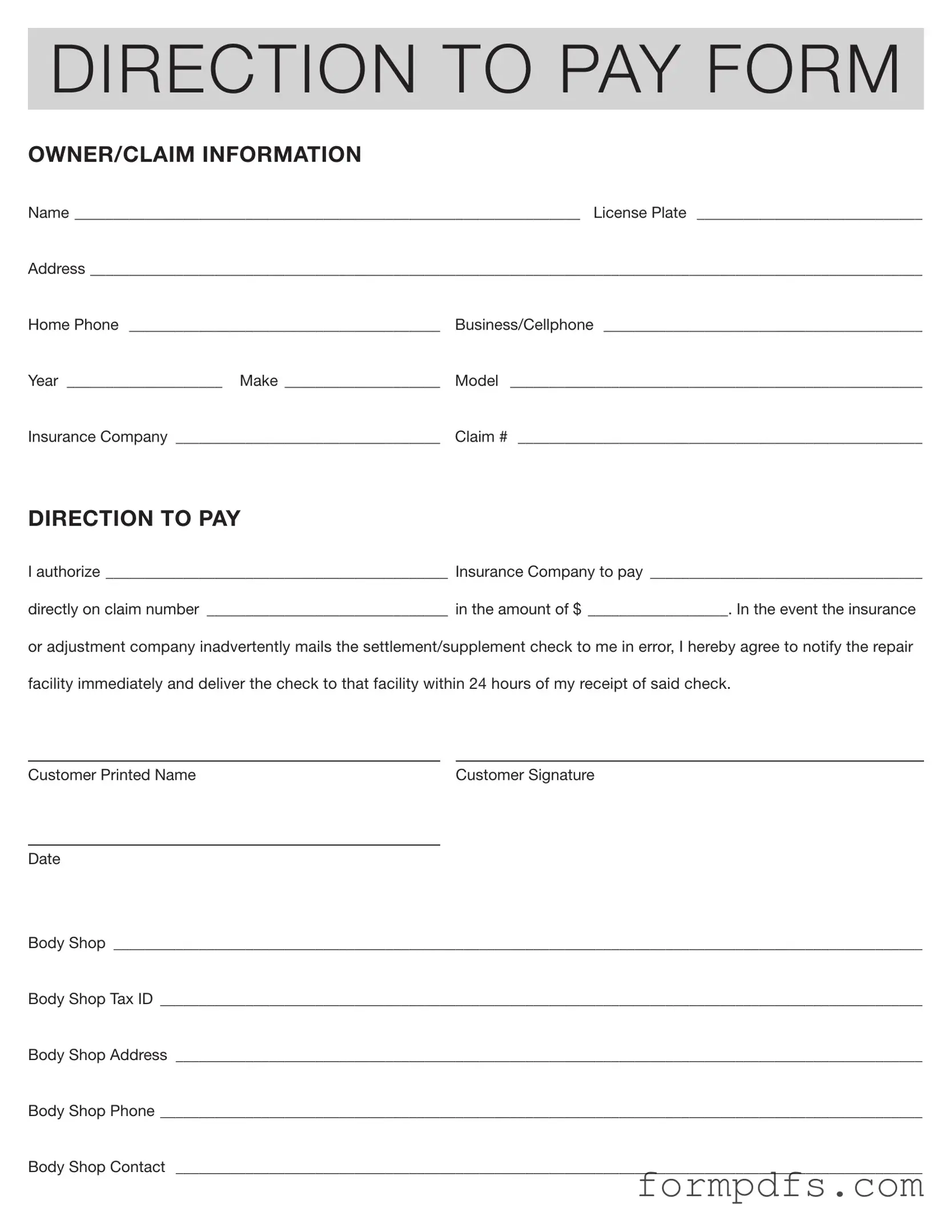 Blank Authorization And Direction Pay PDF Form