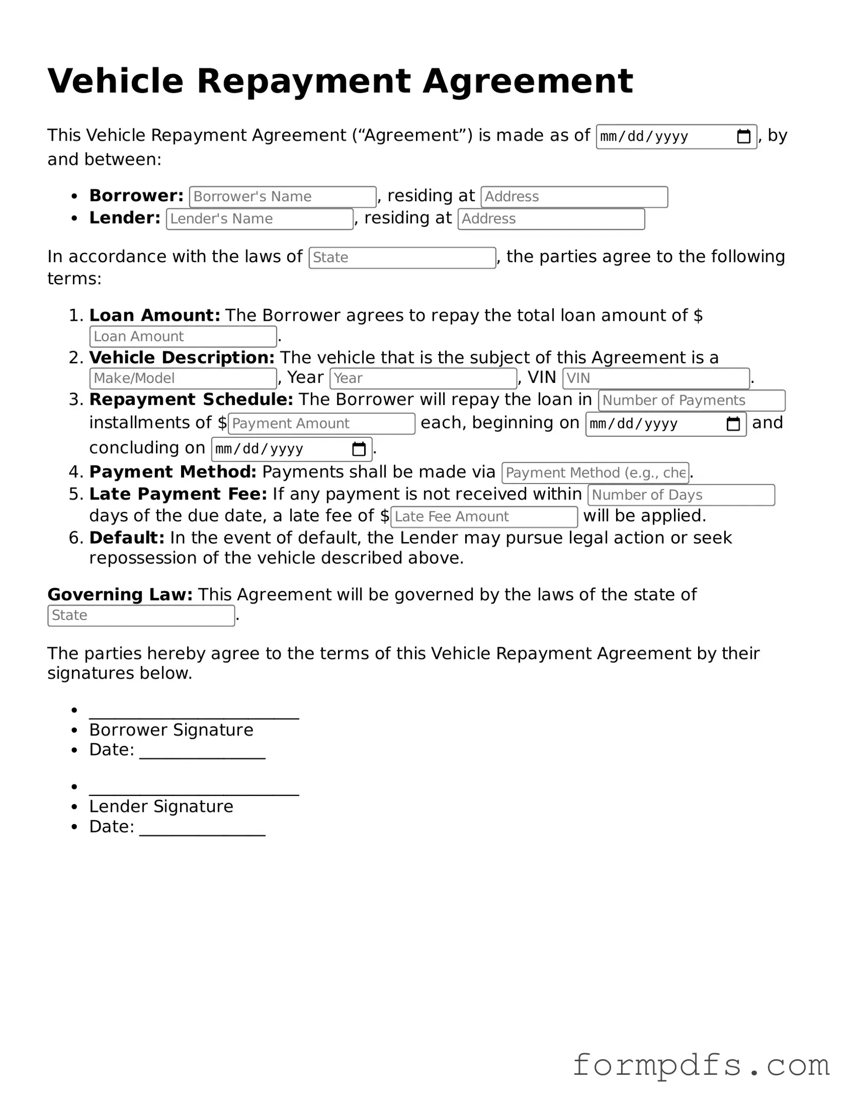 Valid Vehicle Repayment Agreement Template