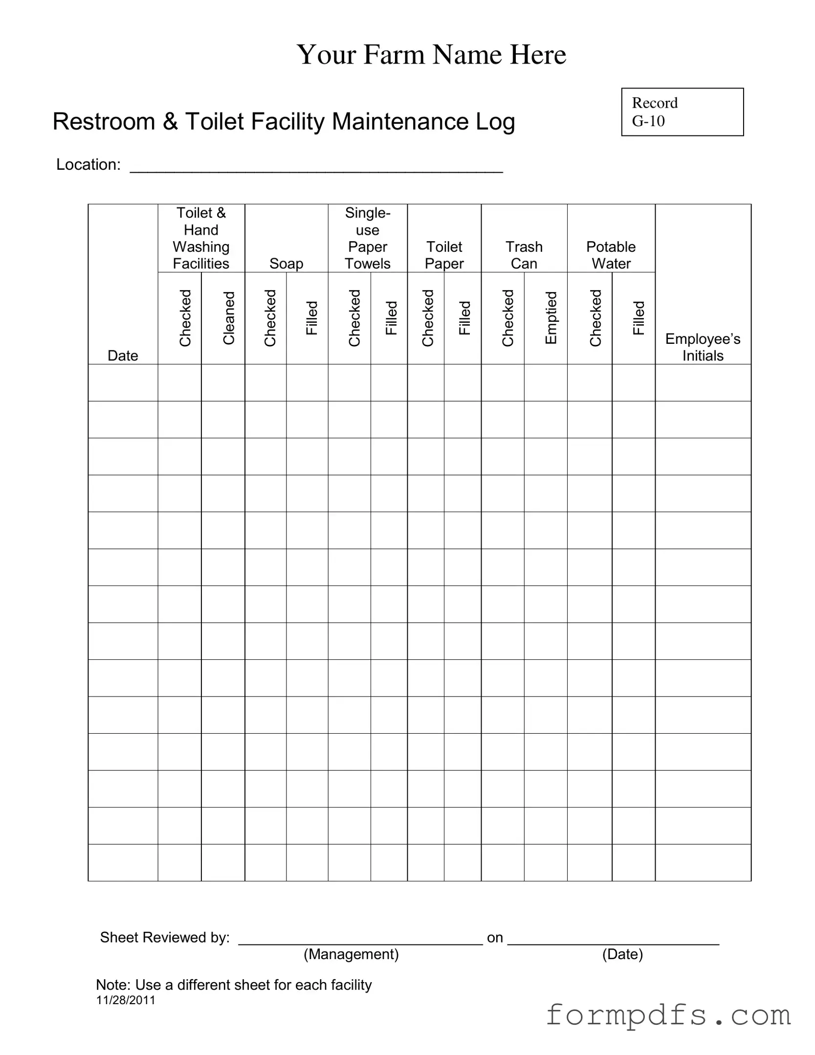 Blank Bathroom Cleaning Log Sheet PDF Form