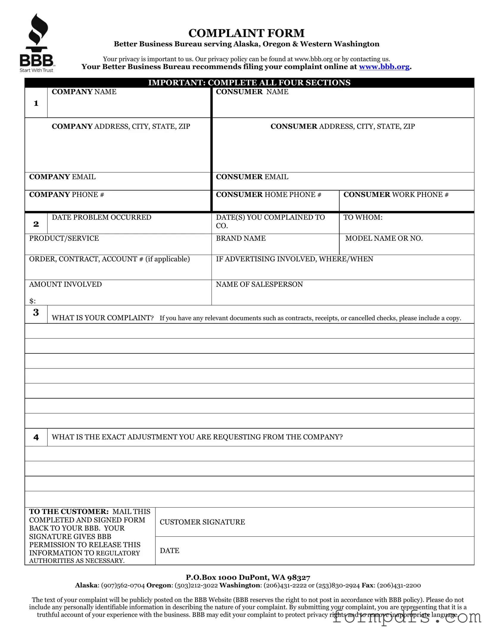 Blank Bbb Complaint PDF Form