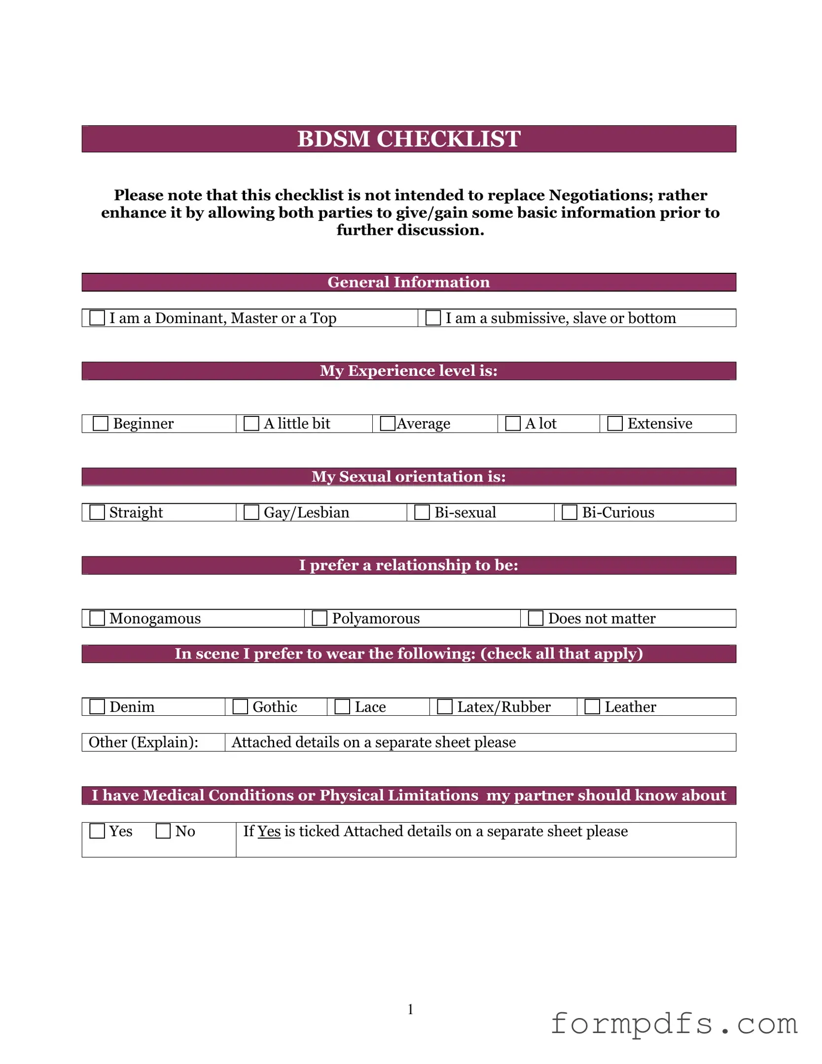 Blank Bdsm Checklist PDF Form