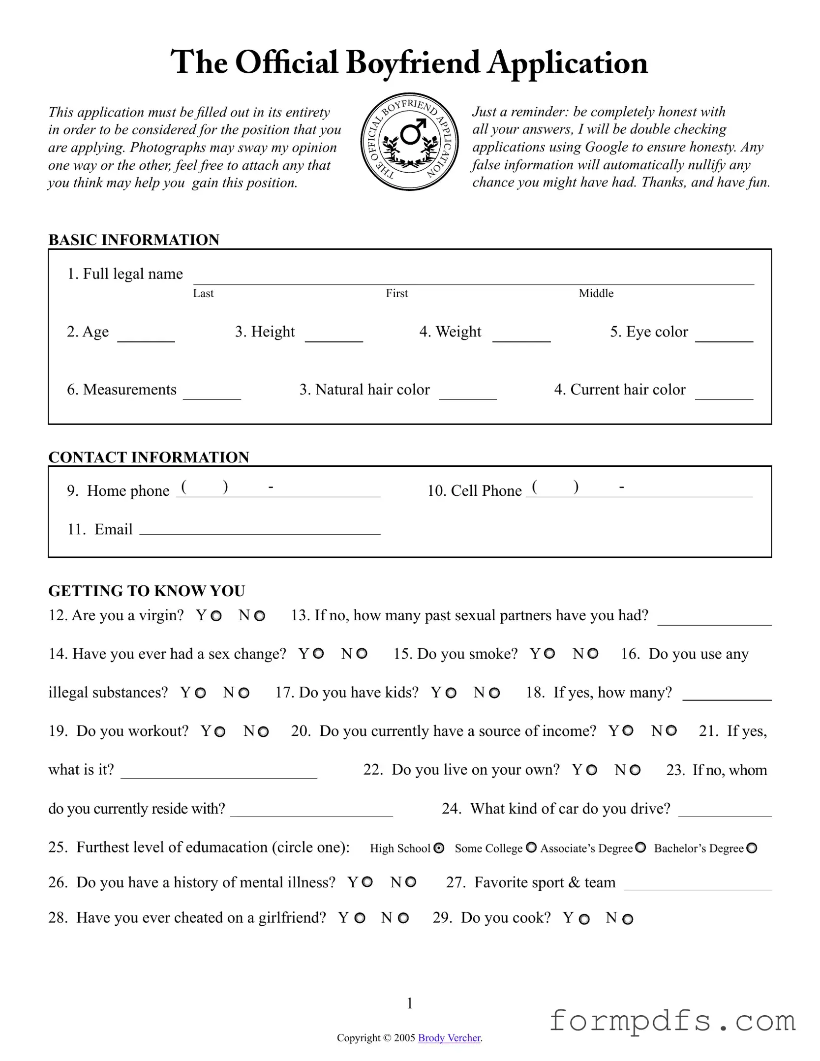 Blank Boyfriend application form PDF Form