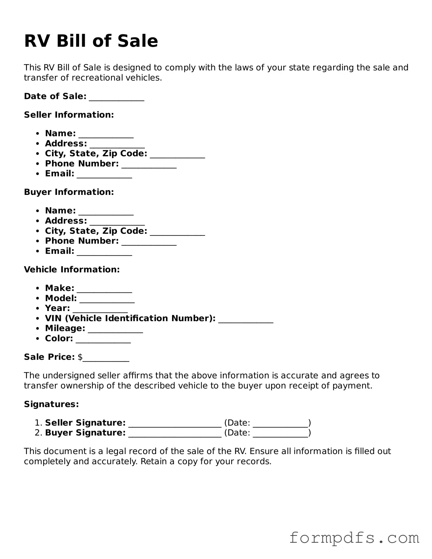 Valid RV Bill of Sale Template