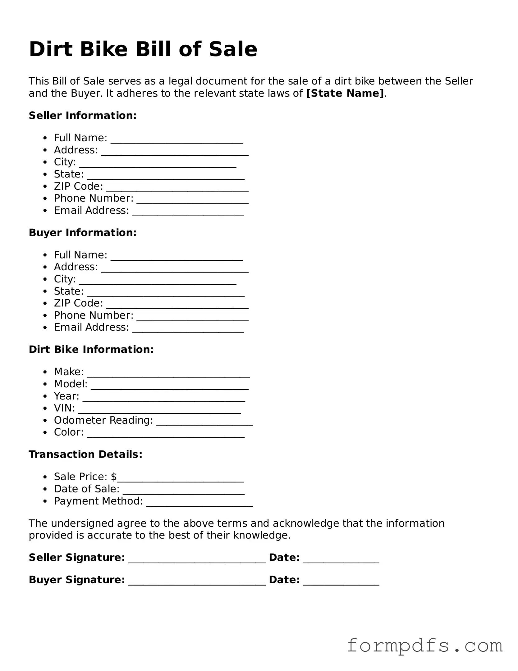 Valid Dirt Bike Bill of Sale Template