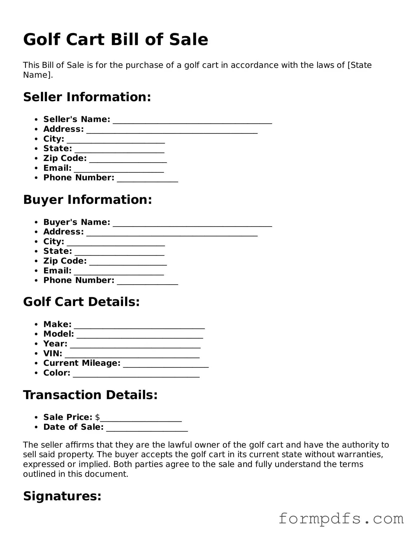 Valid Golf Cart Bill of Sale Template