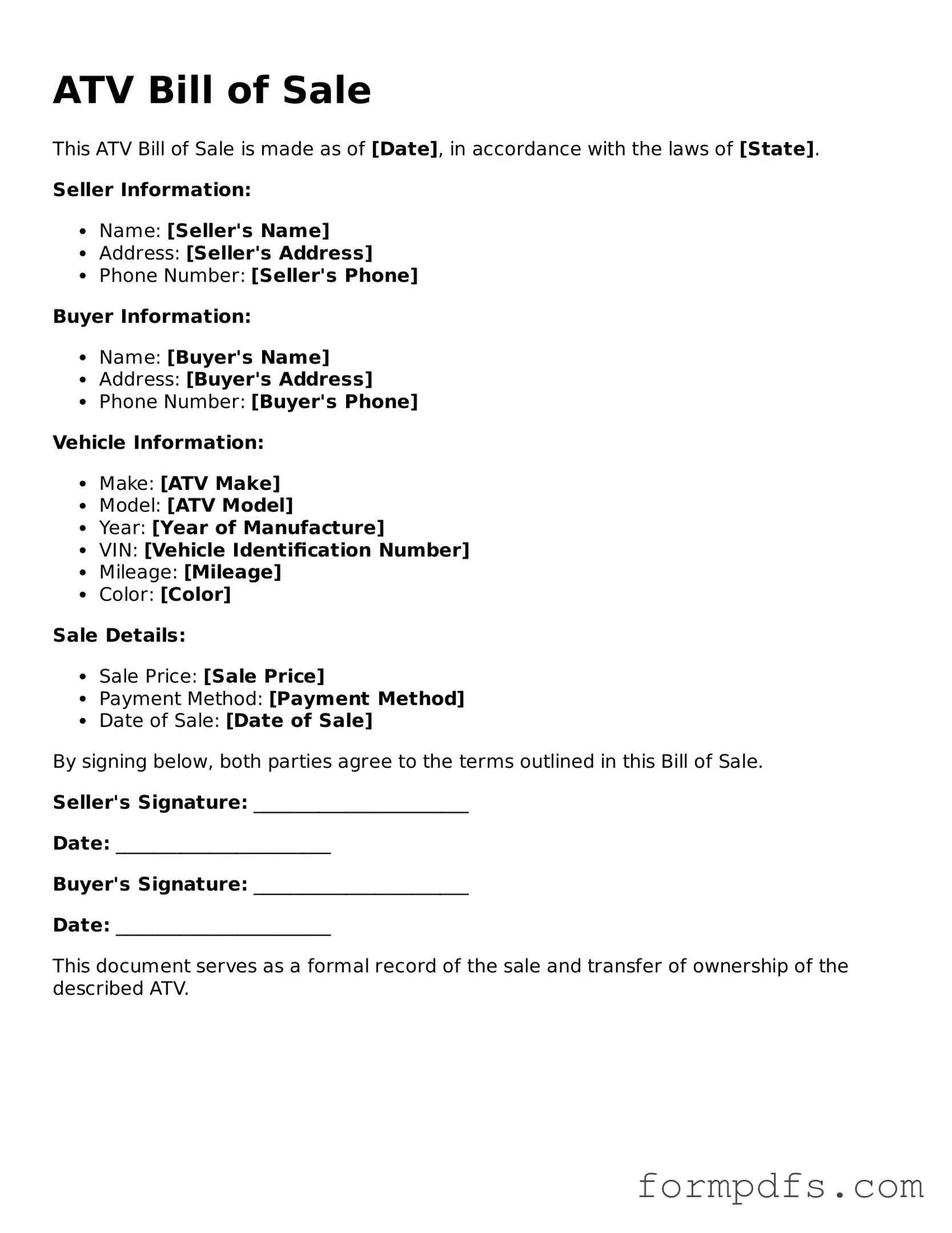 Valid ATV Bill of Sale Template