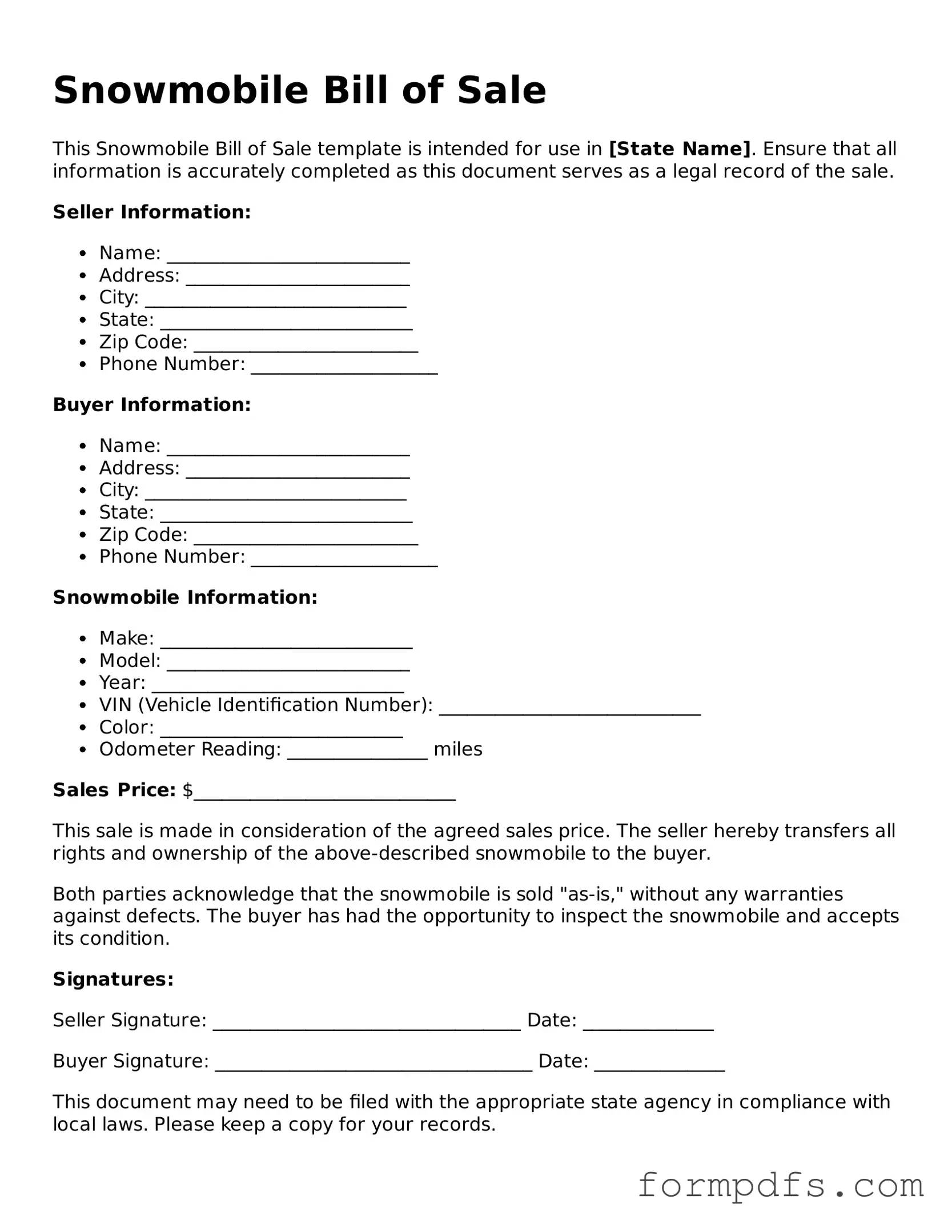 Valid Snowmobile Bill of Sale Template