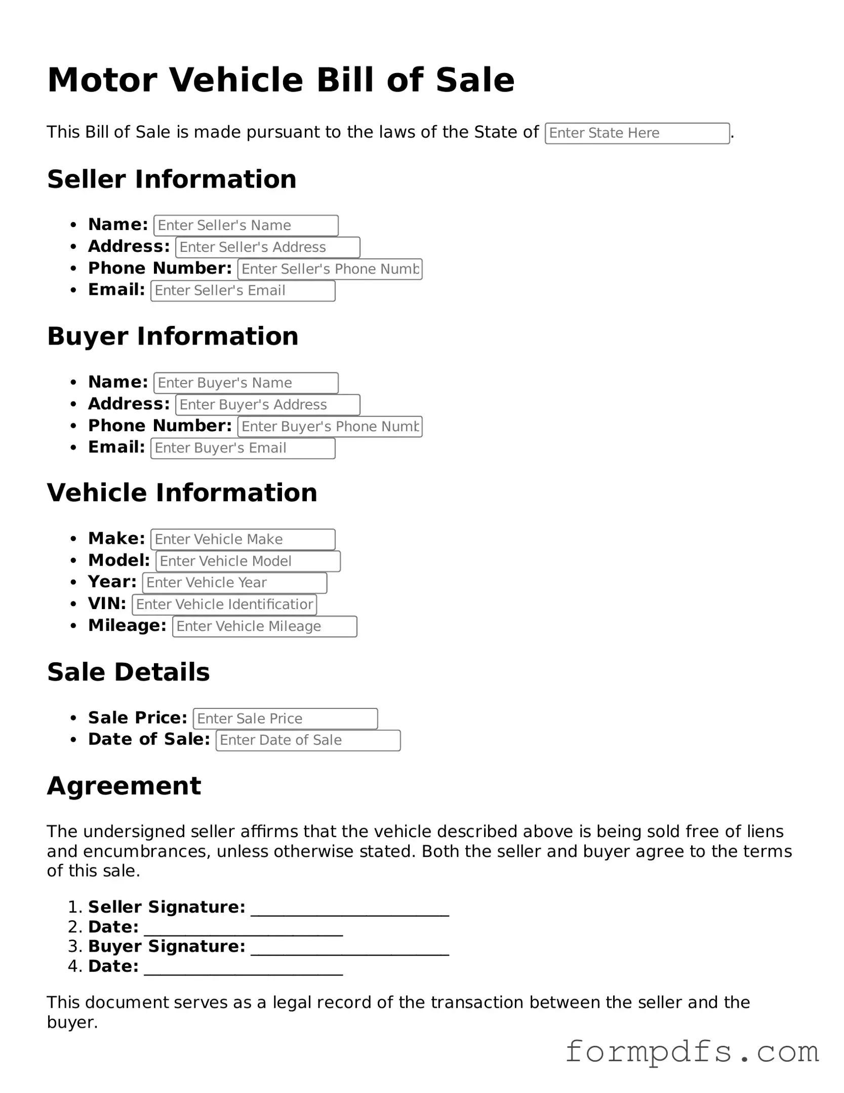 Valid Motor Vehicle Bill of Sale Template