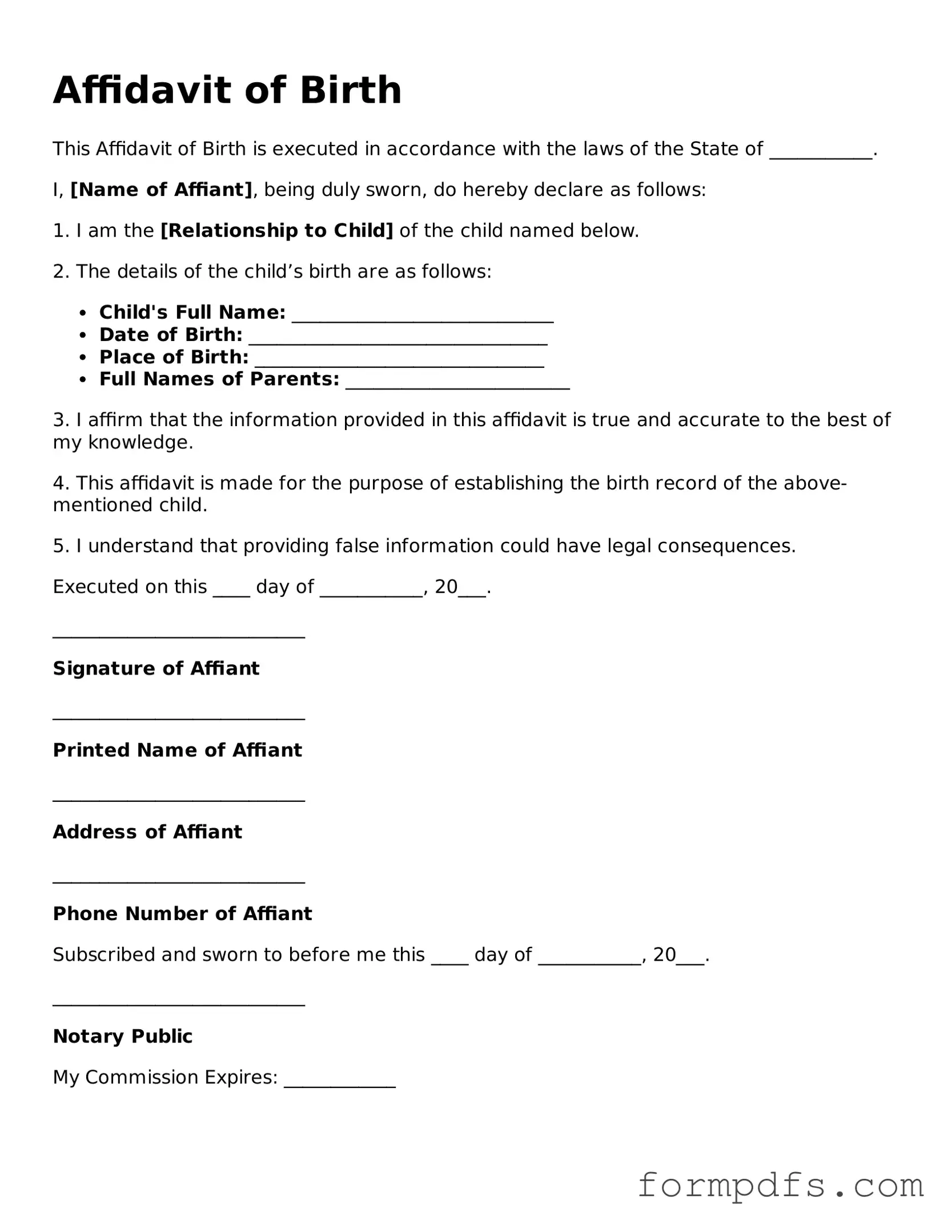Valid Affidavit of Birth Template