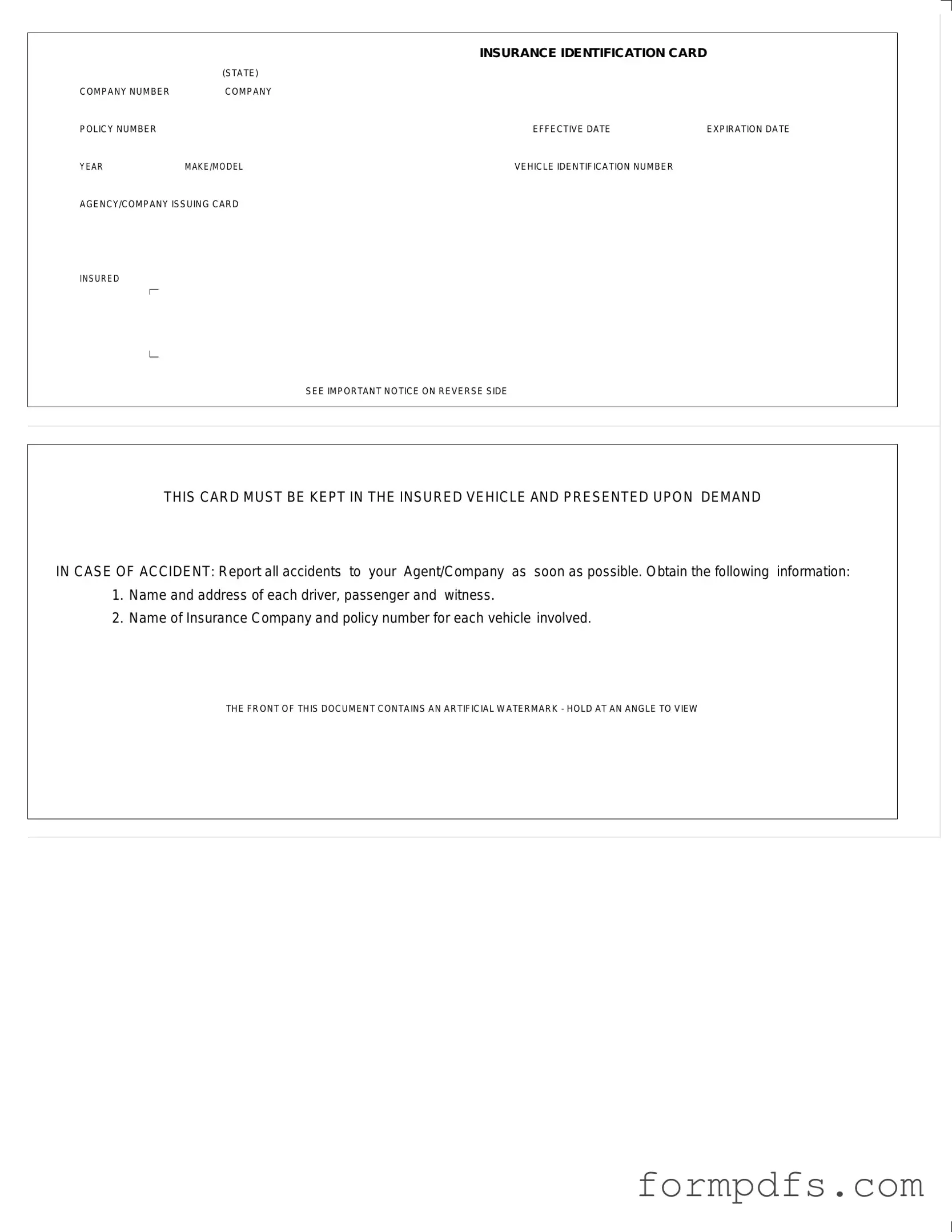 Blank Auto Insurance Card PDF Form