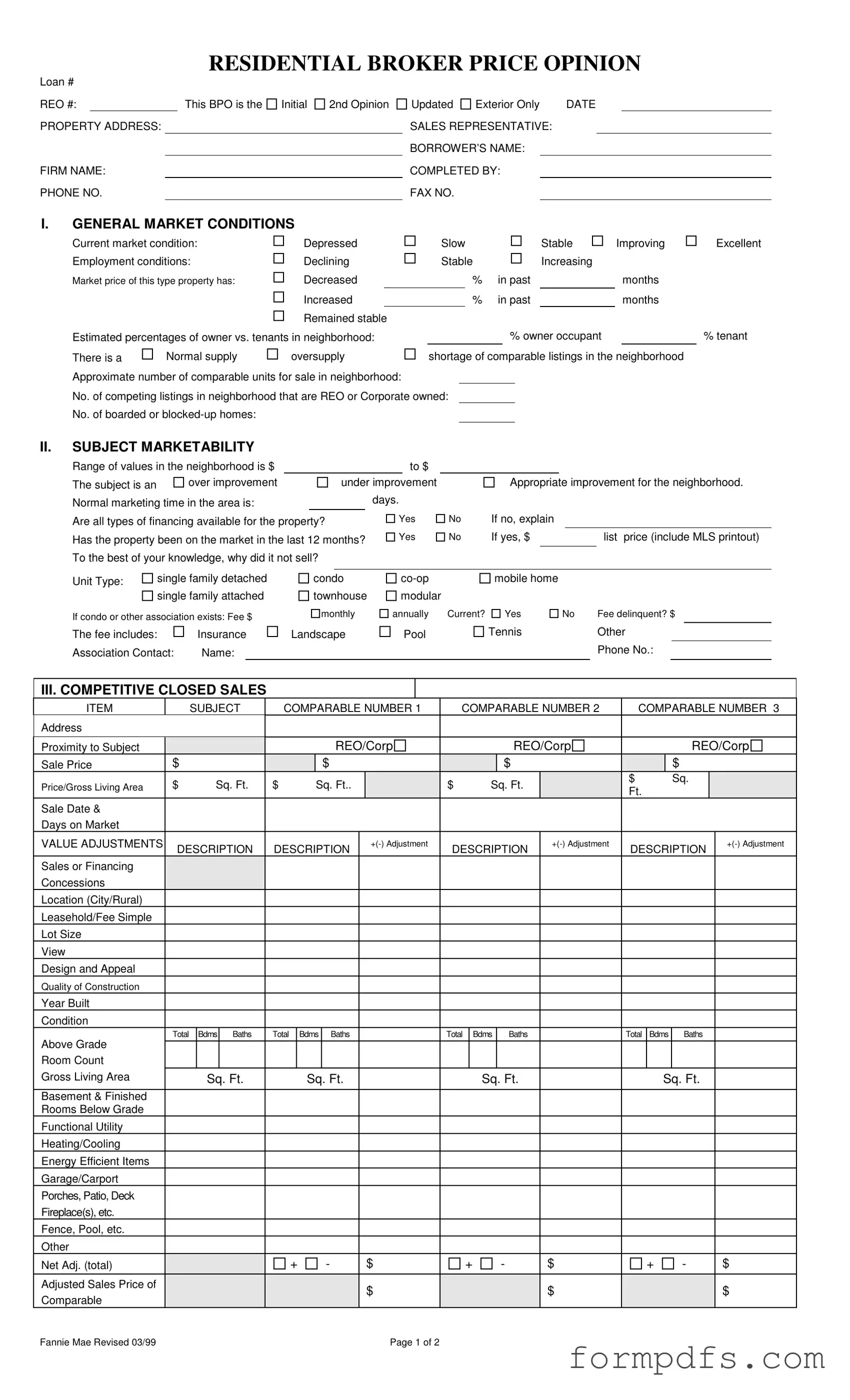 Blank Broker Price Opinion PDF Form