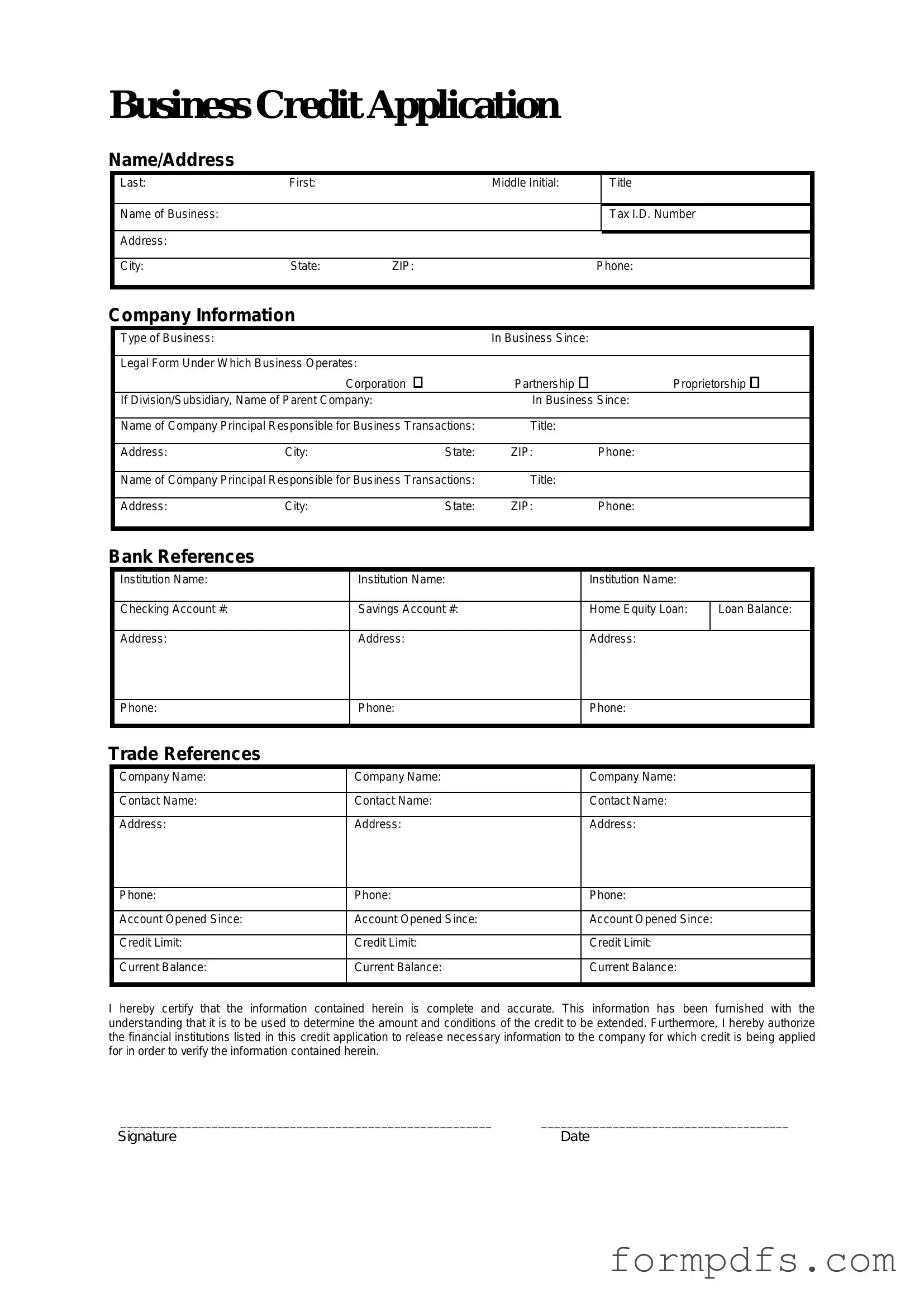 Blank Business Credit Application PDF Form