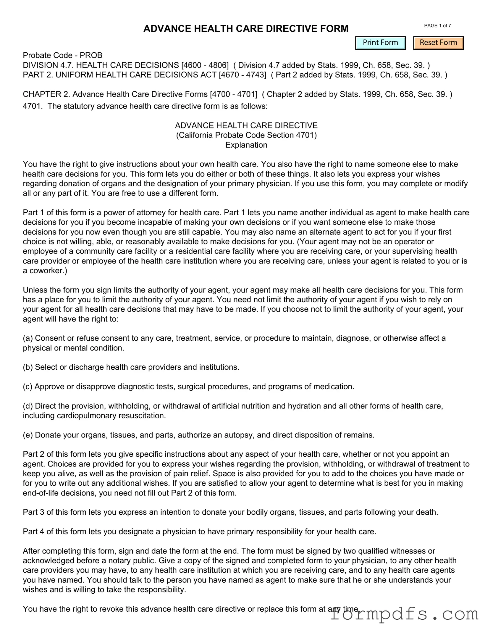 Blank California Advanced Health Care Directive PDF Form