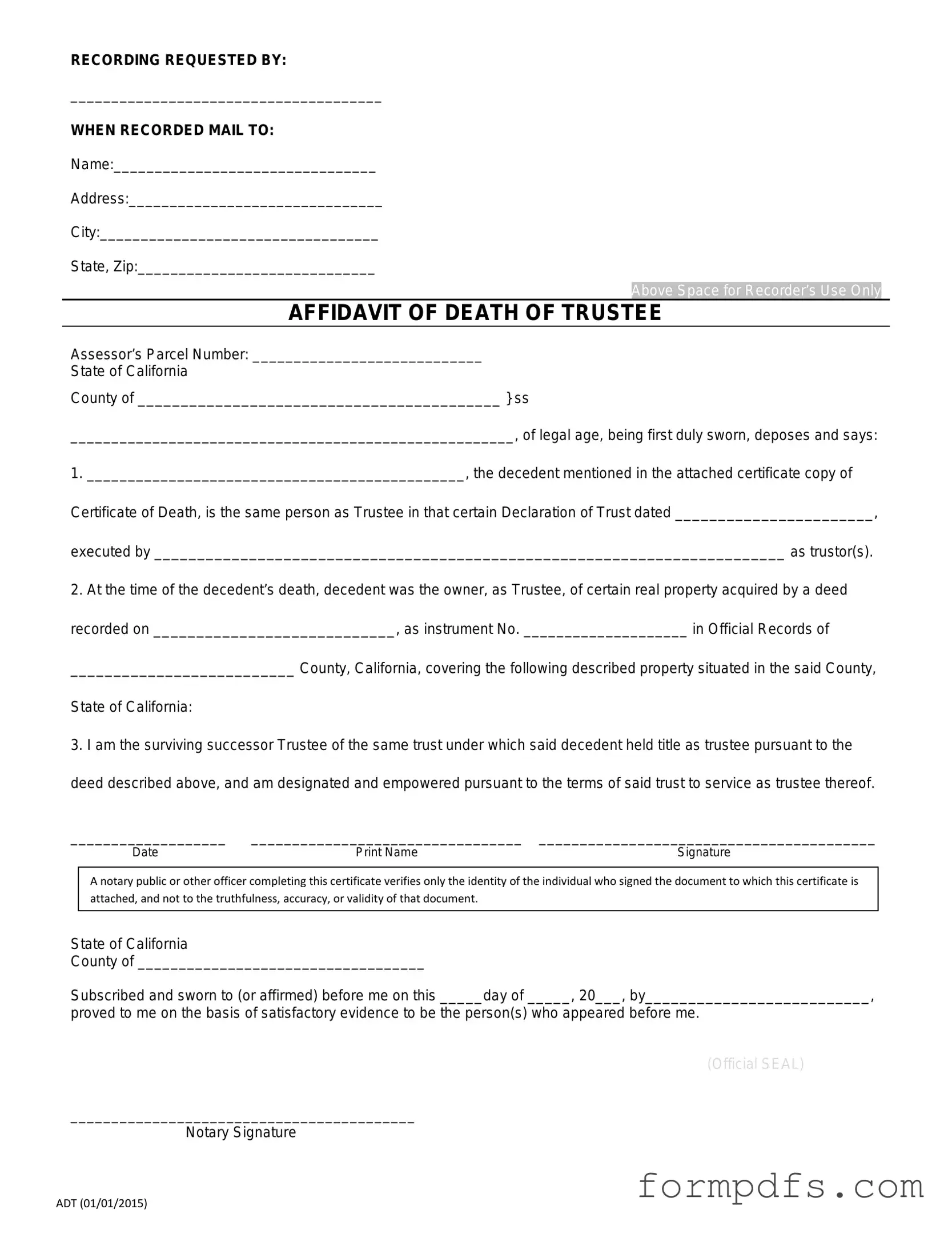 Blank California Affidavit of Death of a Trustee PDF Form