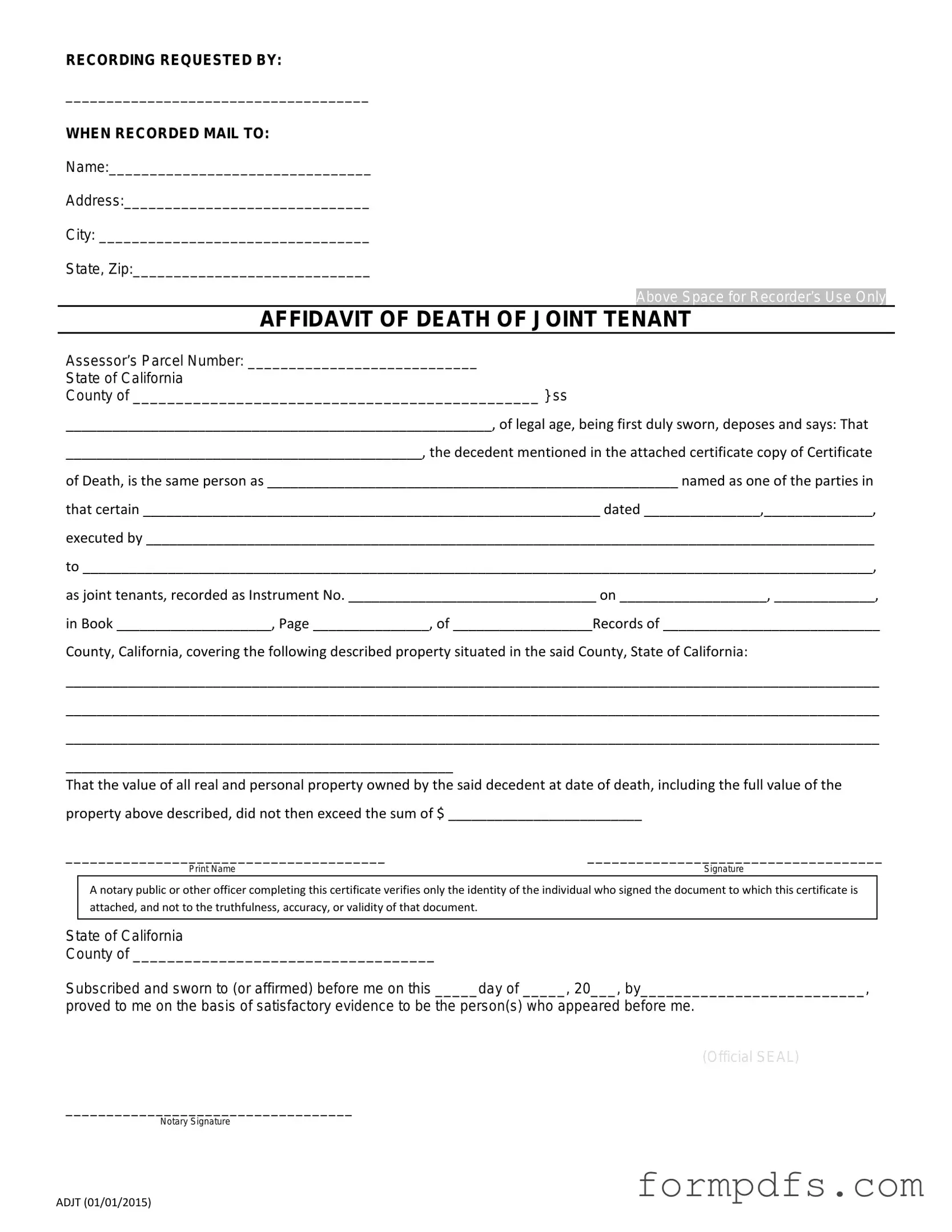Blank California Death of a Joint Tenant Affidavit PDF Form