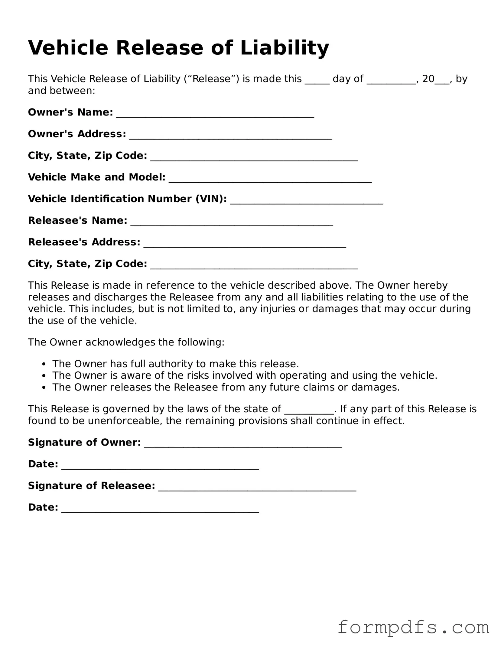 Valid Vehicle Release of Liability Template