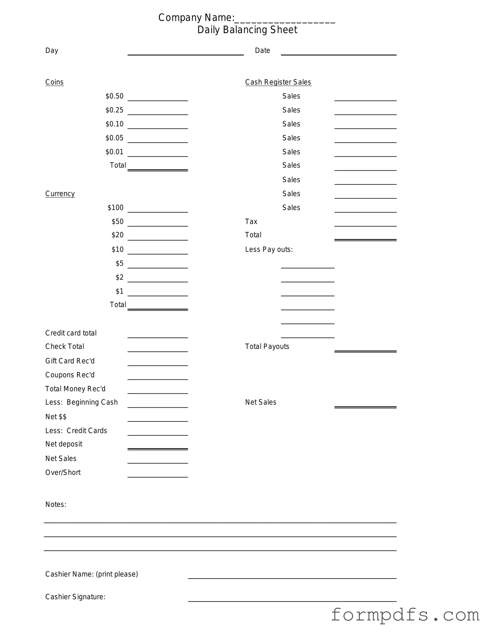 Blank Cash Drawer Count Sheet PDF Form