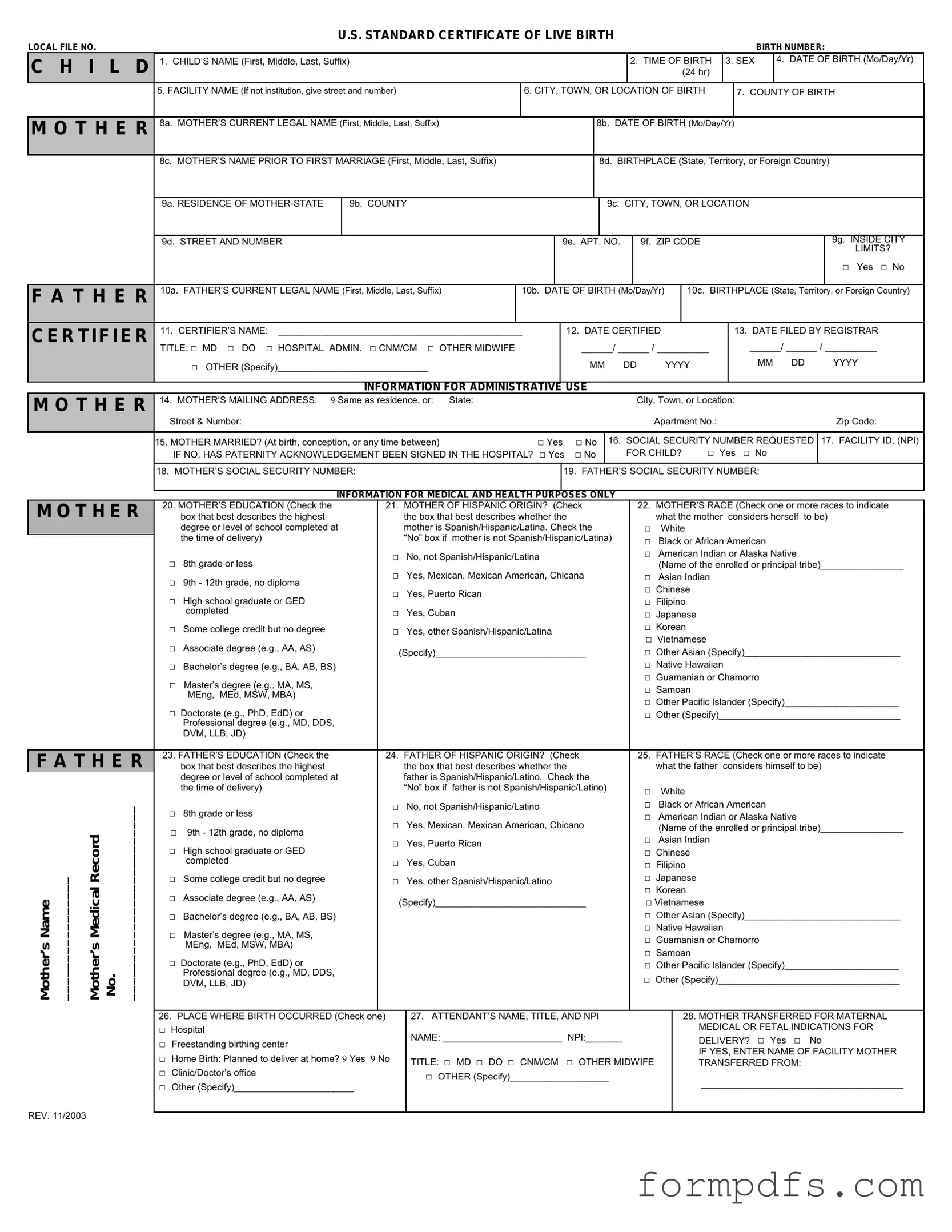 Blank CDC U.S. Standard Certificate of Live Birth PDF Form