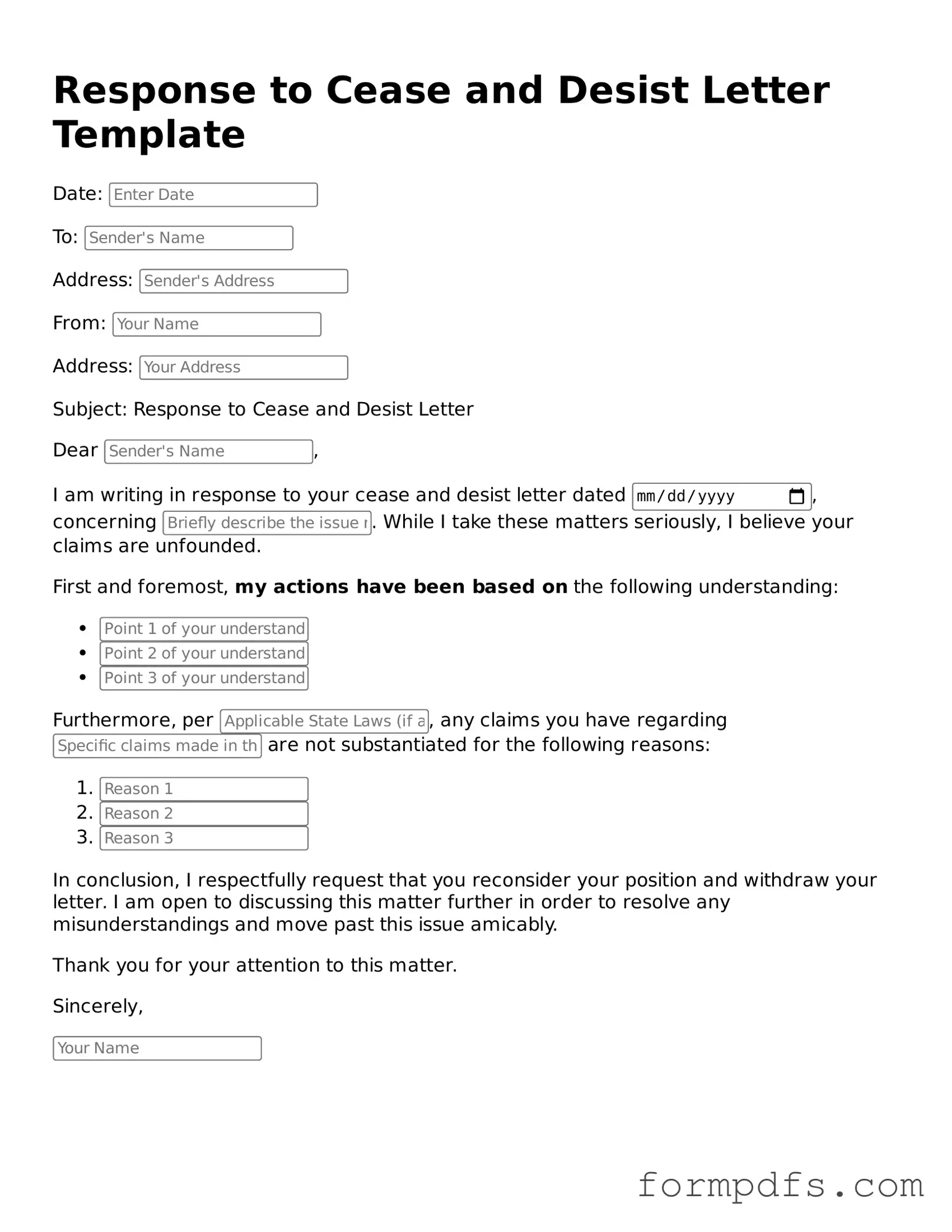 Valid Response to a Cease and Desist Letter Template