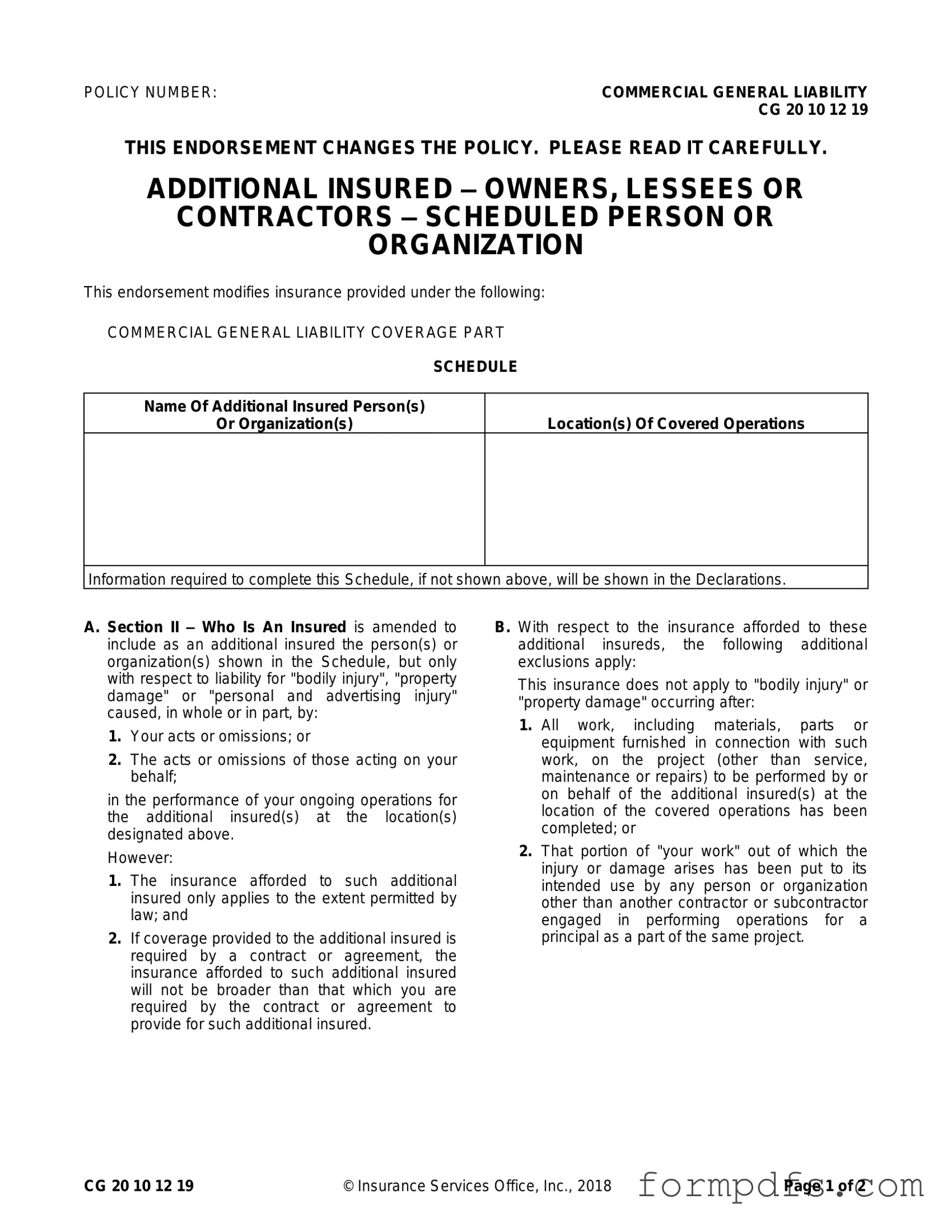Blank Cg 20 10 07 04 Liability Endorsement PDF Form