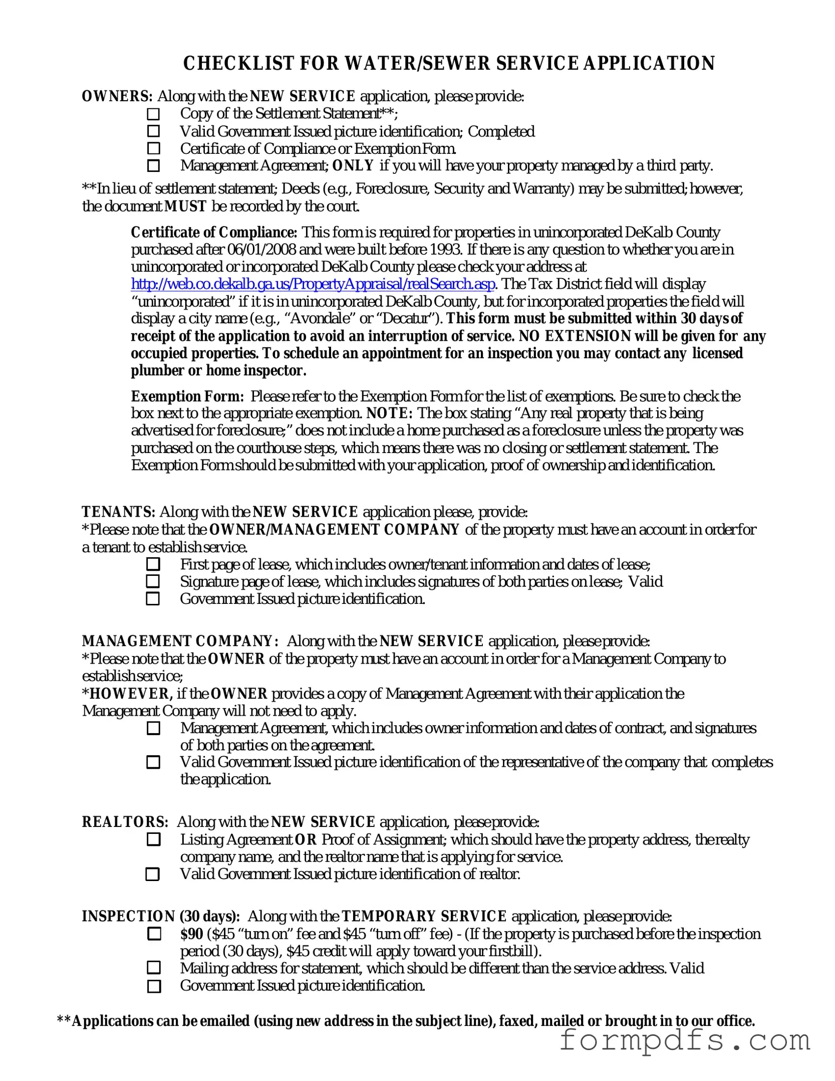 Blank Dekalb County Water Application PDF Form