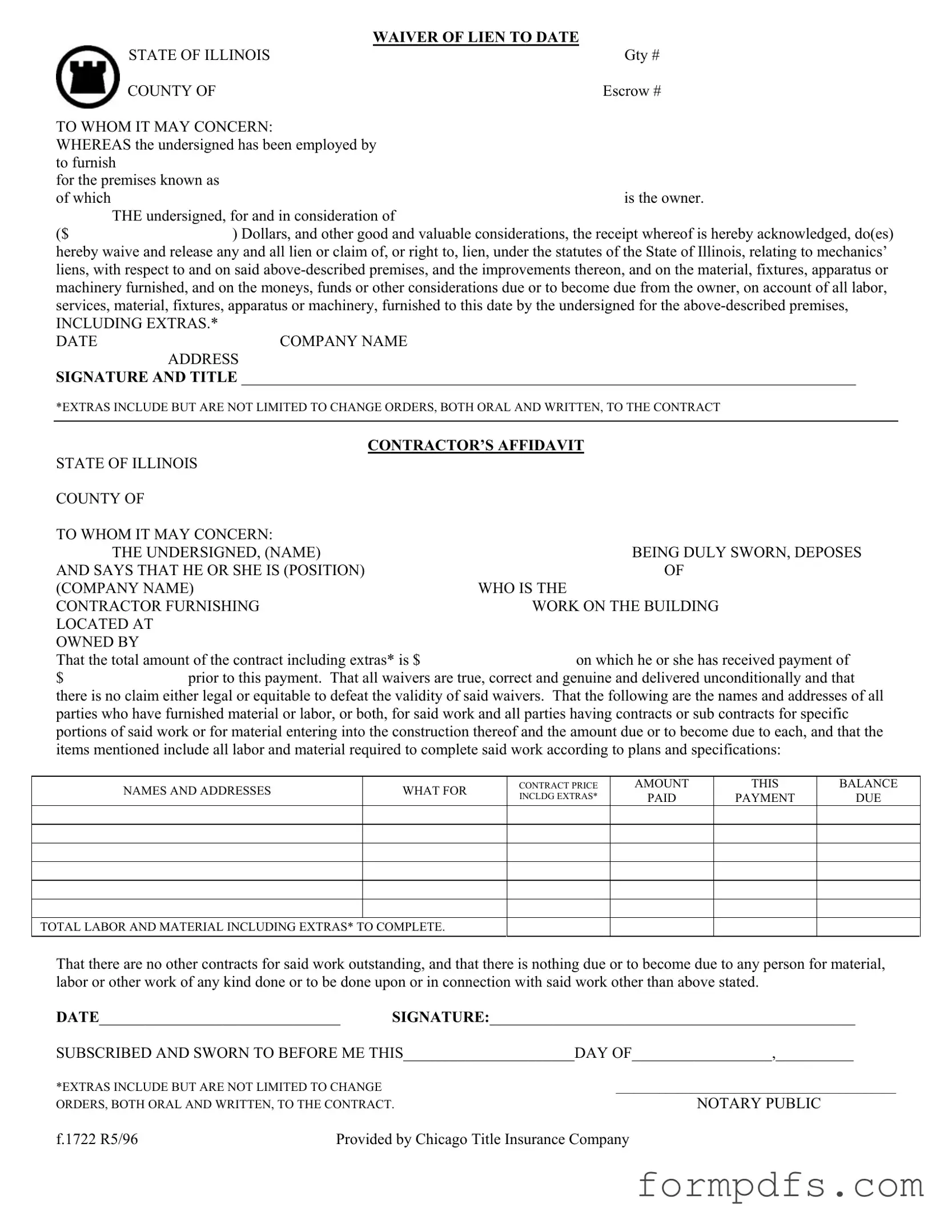 Blank Chicago Title Waiver Format PDF Form