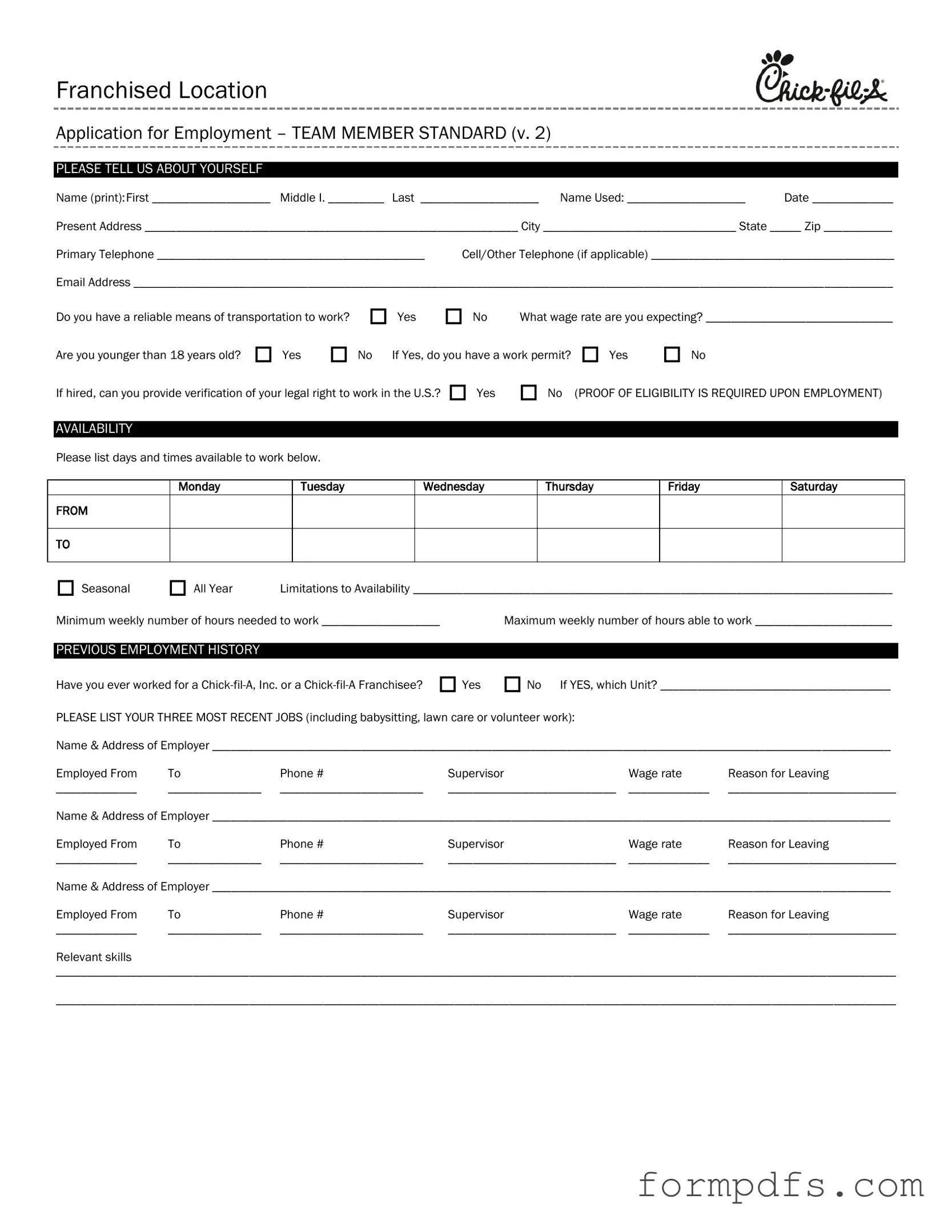 Blank Chick Fil A Job Application PDF Form