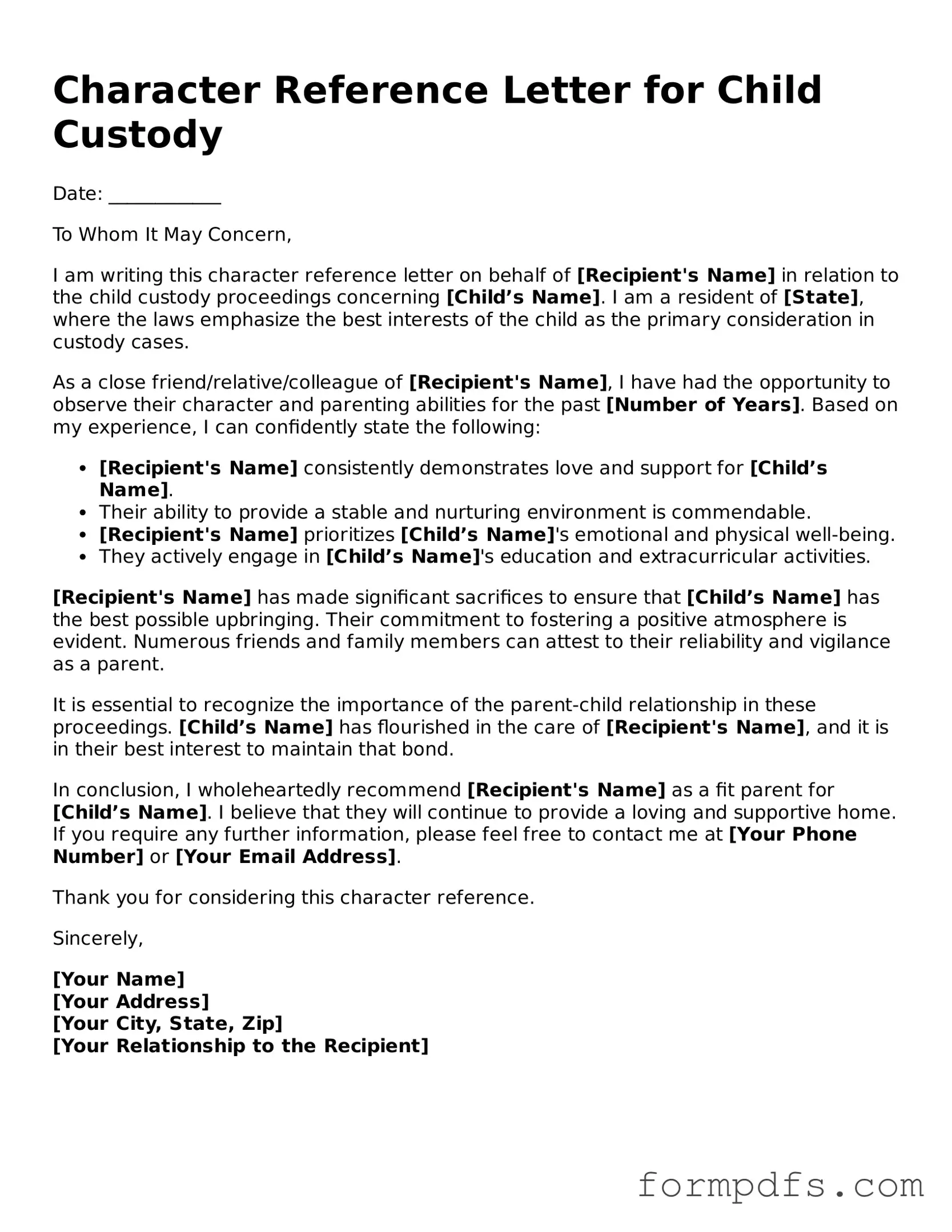Valid Character Reference Letter for Child Custody Template