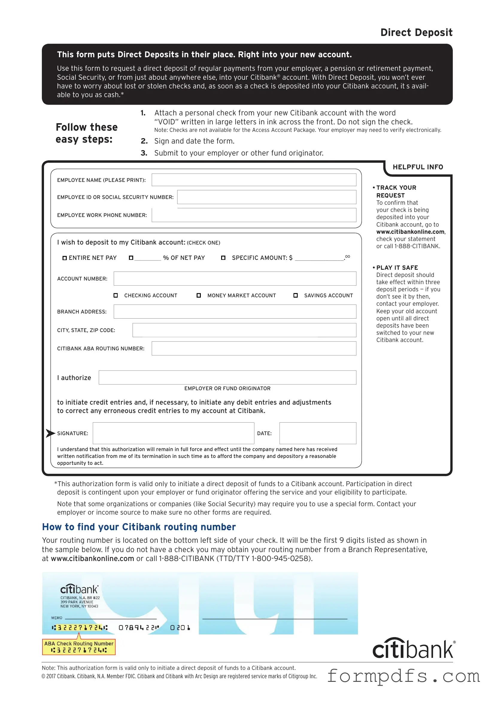 Blank Citibank Direct Deposit PDF Form