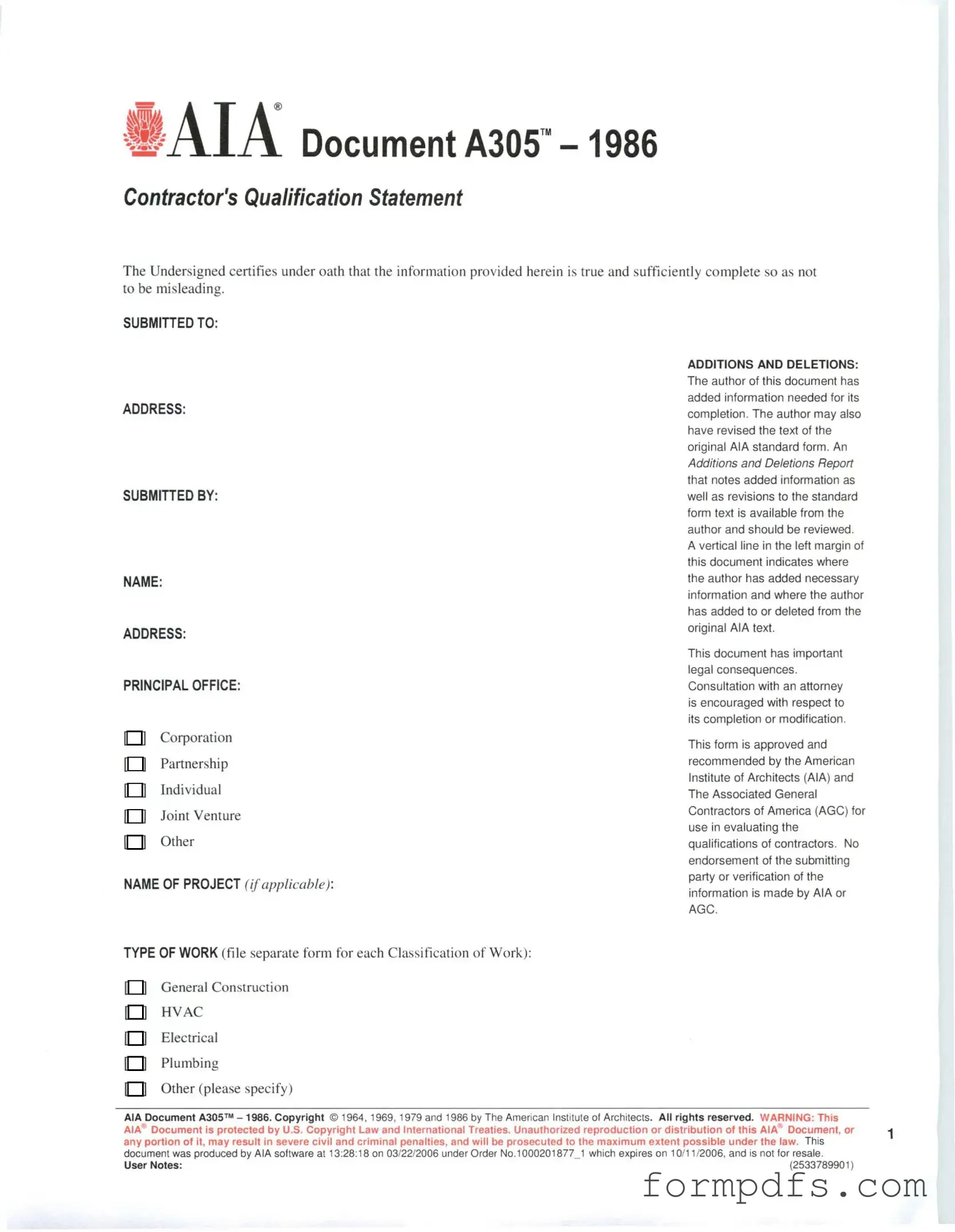 Blank AIA A305 PDF Form