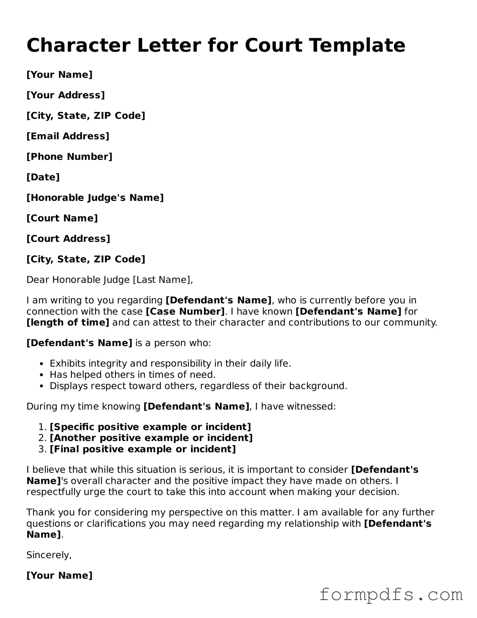Valid Character Letter for Court Template