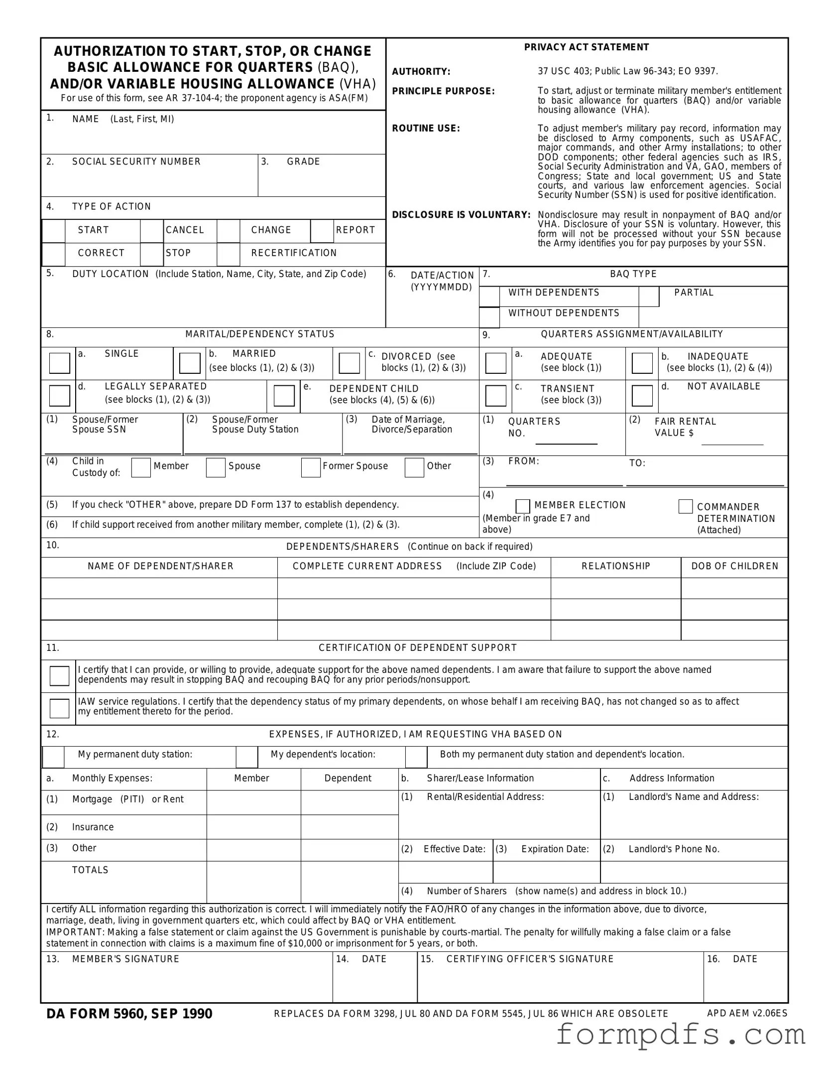 Blank DA 5960 PDF Form