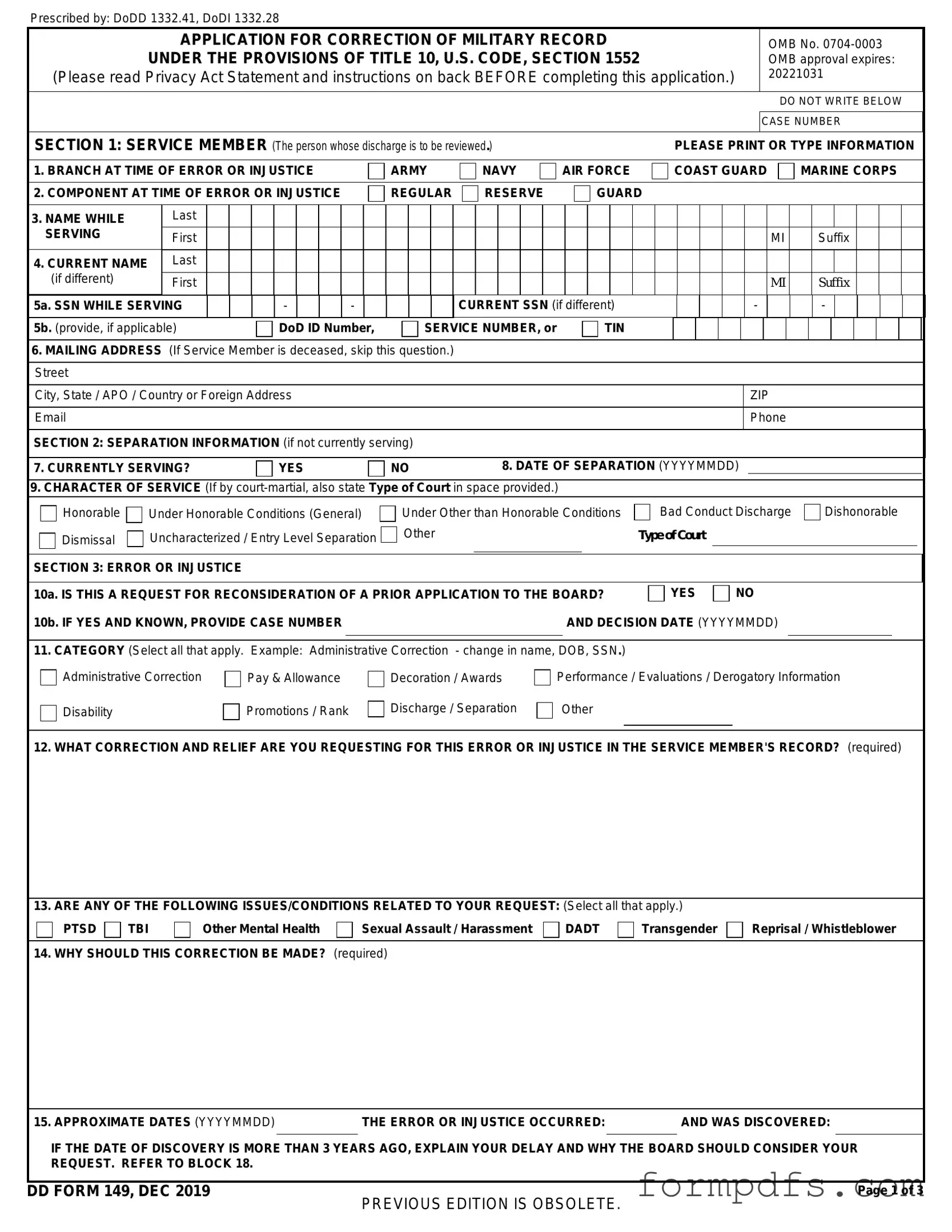 Blank DD 149 PDF Form