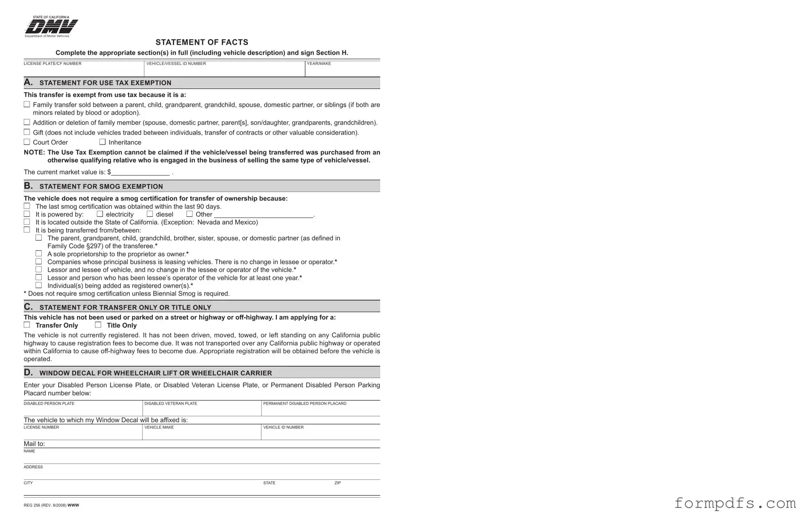 Blank Dmv Reg 256 PDF Form