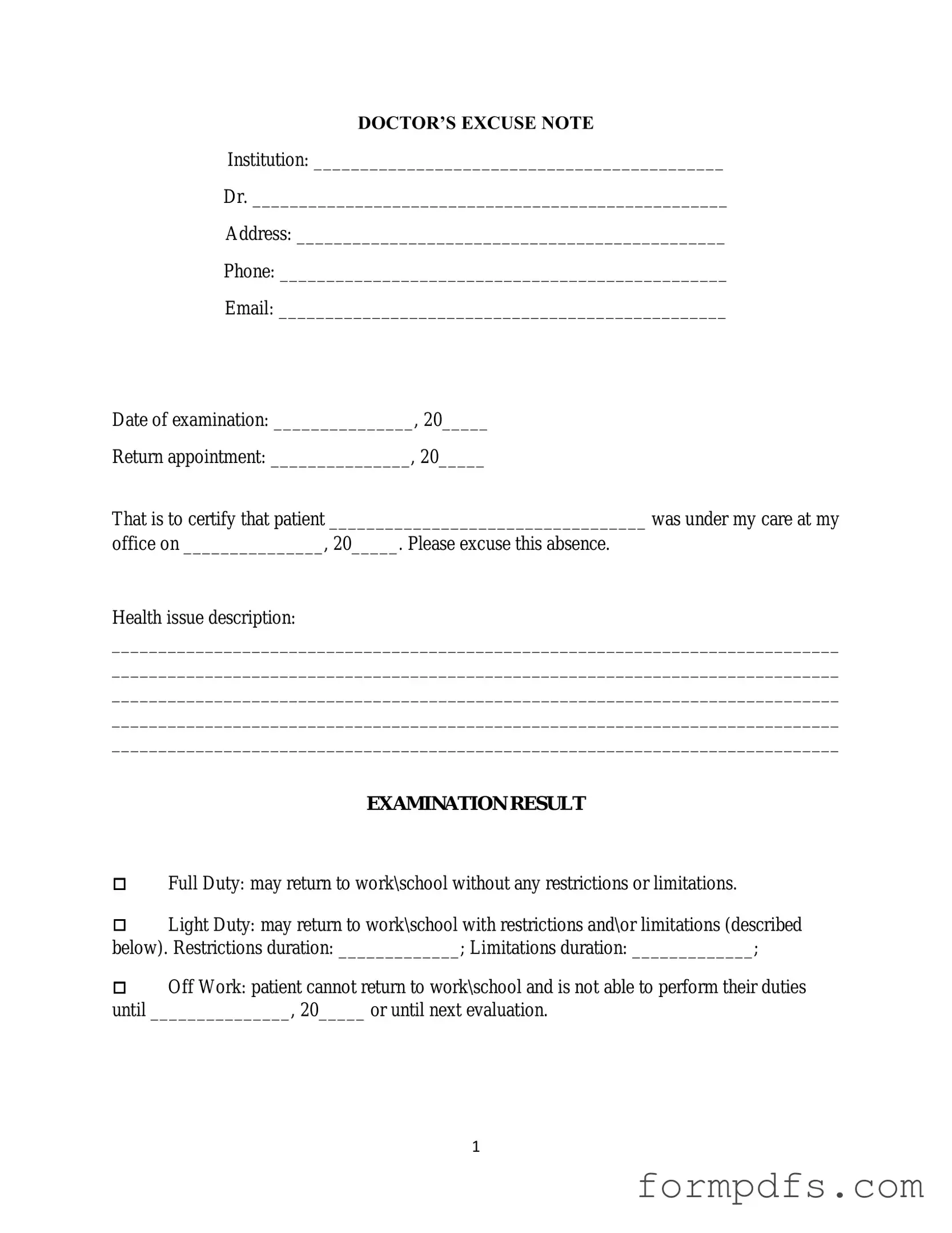 Blank Doctors Excuse Note PDF Form