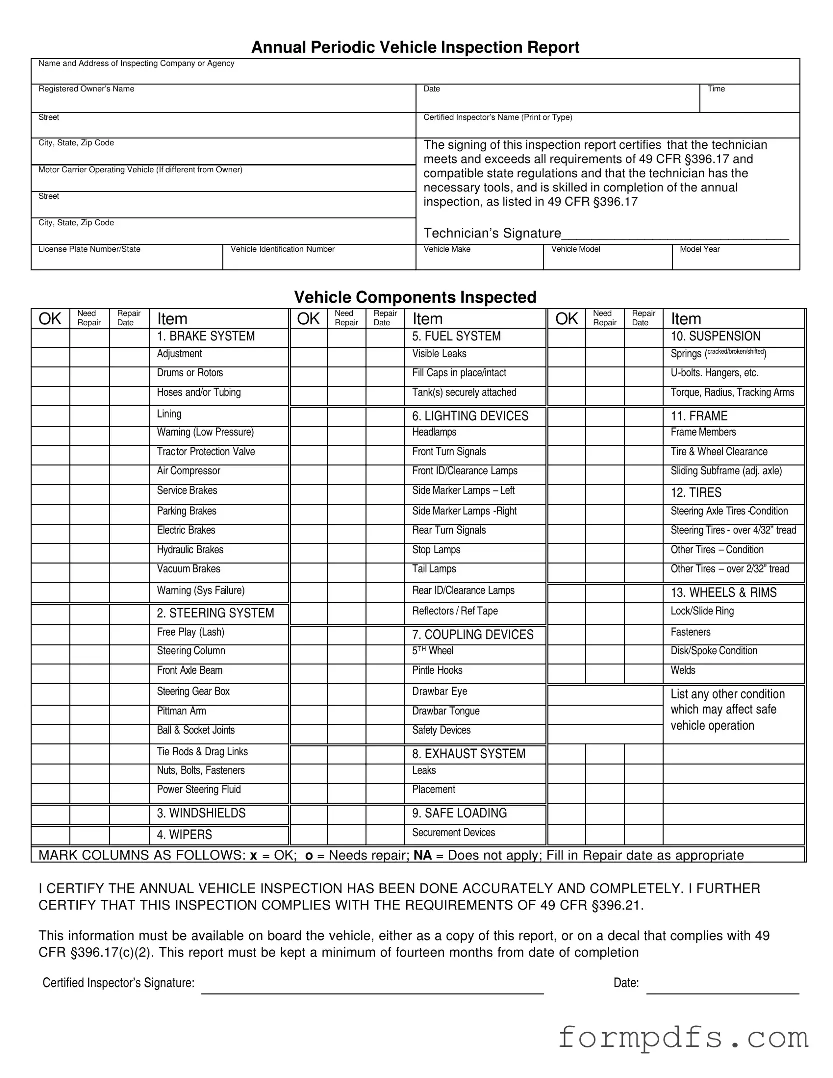 Blank Dot Vehicle Inspection PDF Form