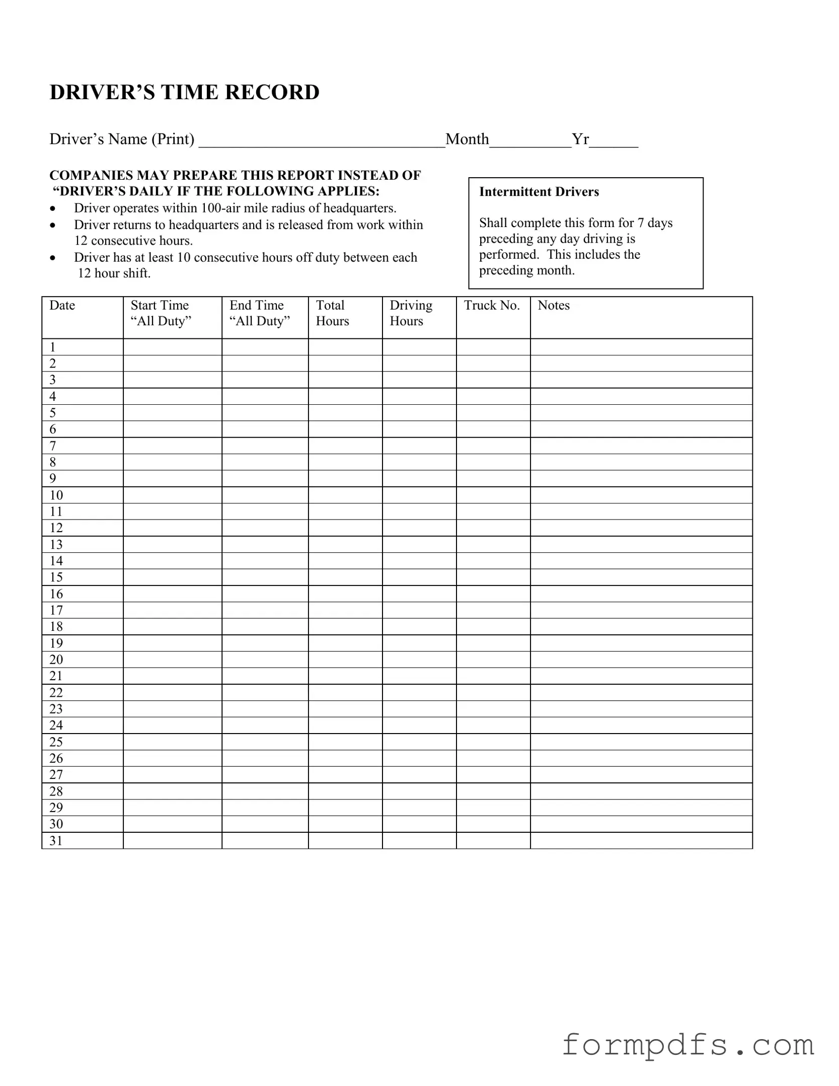 Blank Driver Time Record PDF Form
