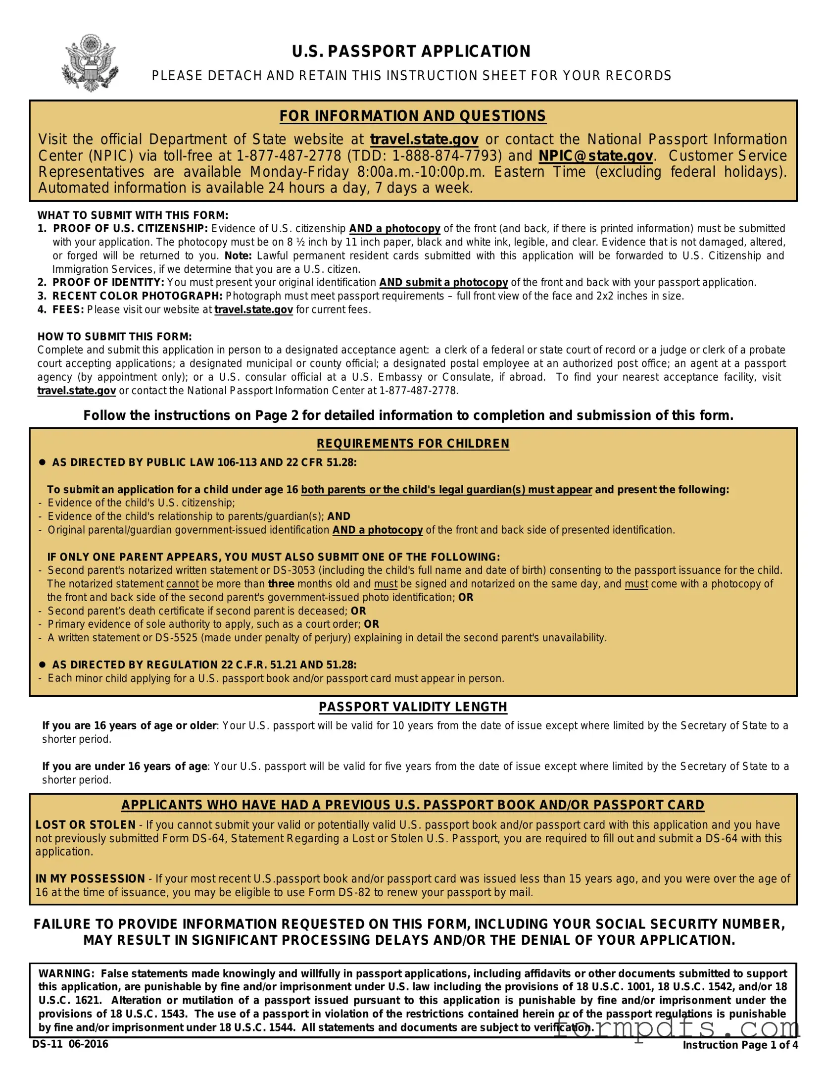 Blank DS-11 U.S. Passport application PDF Form